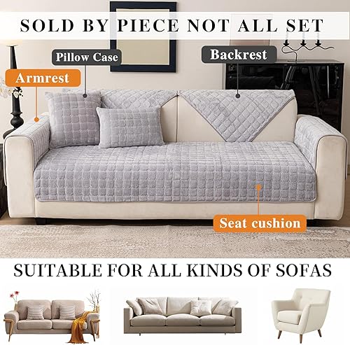 Miniatura 5 de Funda de terciopelo para sofá, de piel sintética, lavable, de felpa antideslizante, protector de muebles para mascotas (gris claro, 36 x 82