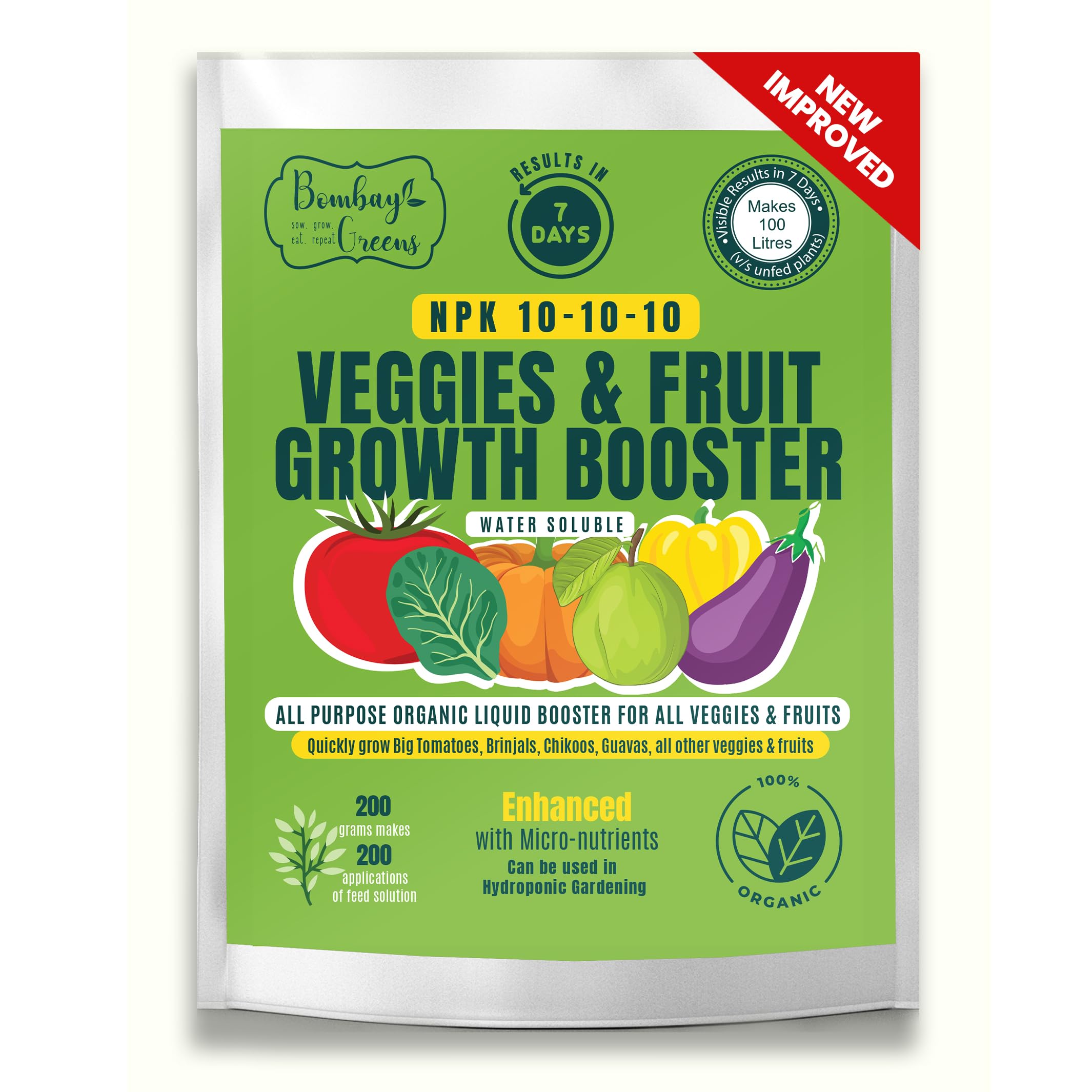 Organic Plant Booster for Vegetables by Bombay Greens. Water Soluble, Fast release. Makes 200 applications - 200 grams