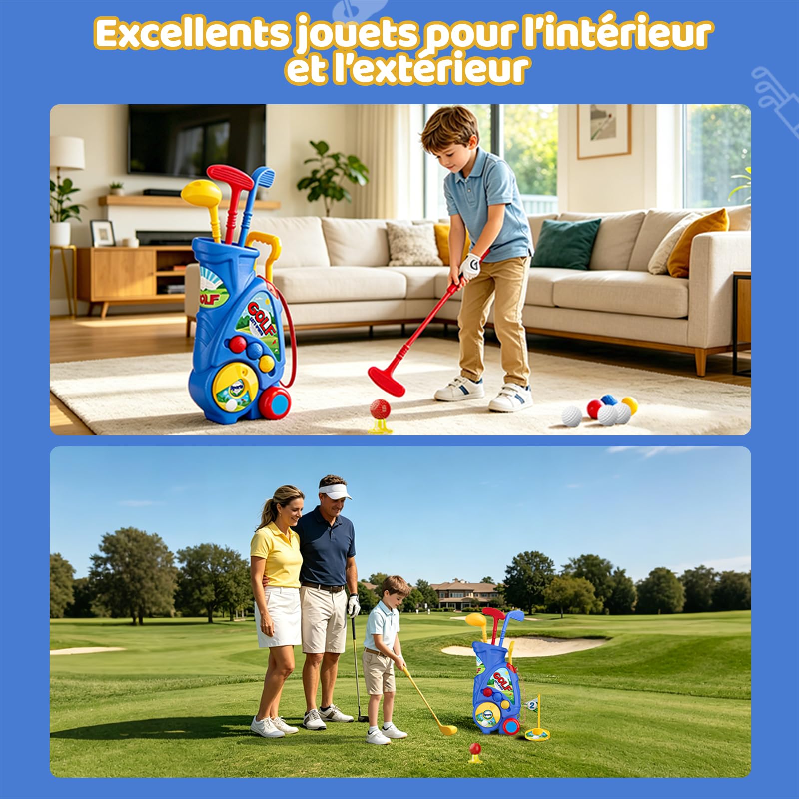 Naxudcoo Jouet Enfant 2 3 4 Ans Garçons: Jouet Golf Chariot de Golf Amélioré avec Sangle d'Épaule, Jeu de Golf pour Intérieur et Extérieur, Idéal Cadeau d'anniversaire, Noël pour Tout-Petits (Bleu)