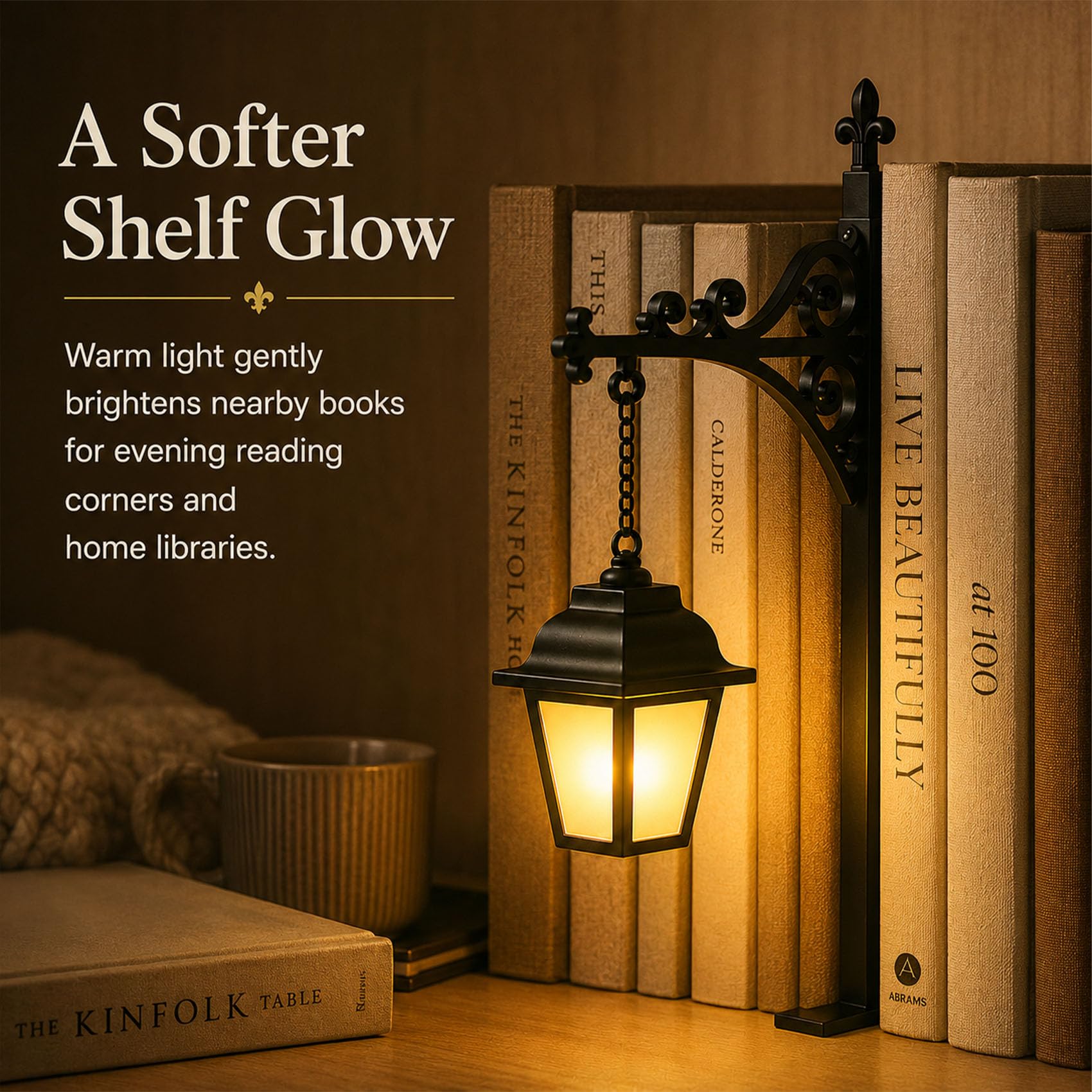 Library Lantern Mini Bookshelf Lamp, Iron Bookend with Warm Light, Decorative Bookshelf Lantern for Home Library, Study and Reading Nook (Lantern Style,3pcs)
