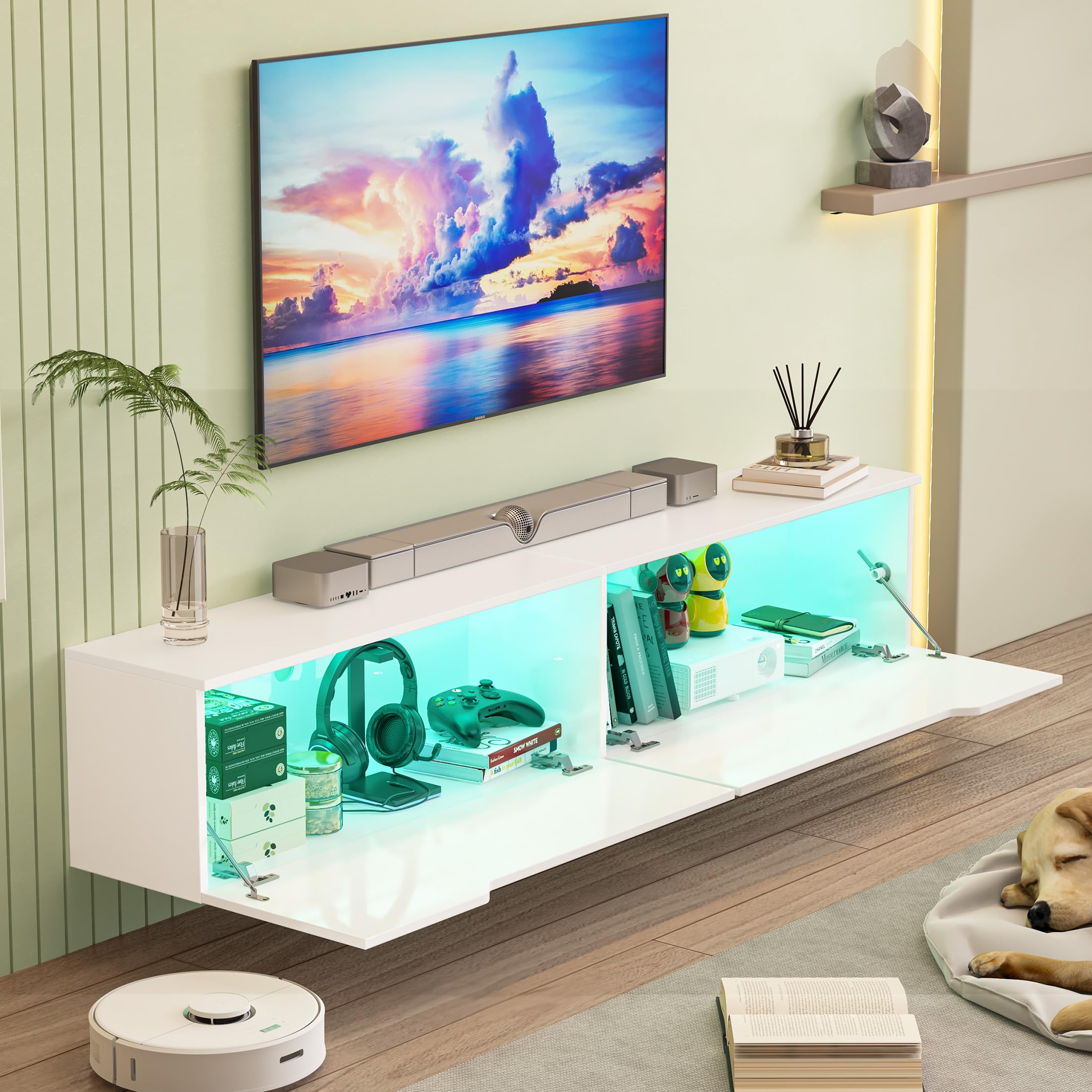 Hängender TV-Schrank mit LED-Leuchten, TV-Ständer TV-Konsole Unterhaltungszentrum mit 2 Aufbewahrungsschränken für das Wohnzimmer, 16 Farben können eingestellt Werden, 175 x 32 x 30cm (Weiß)