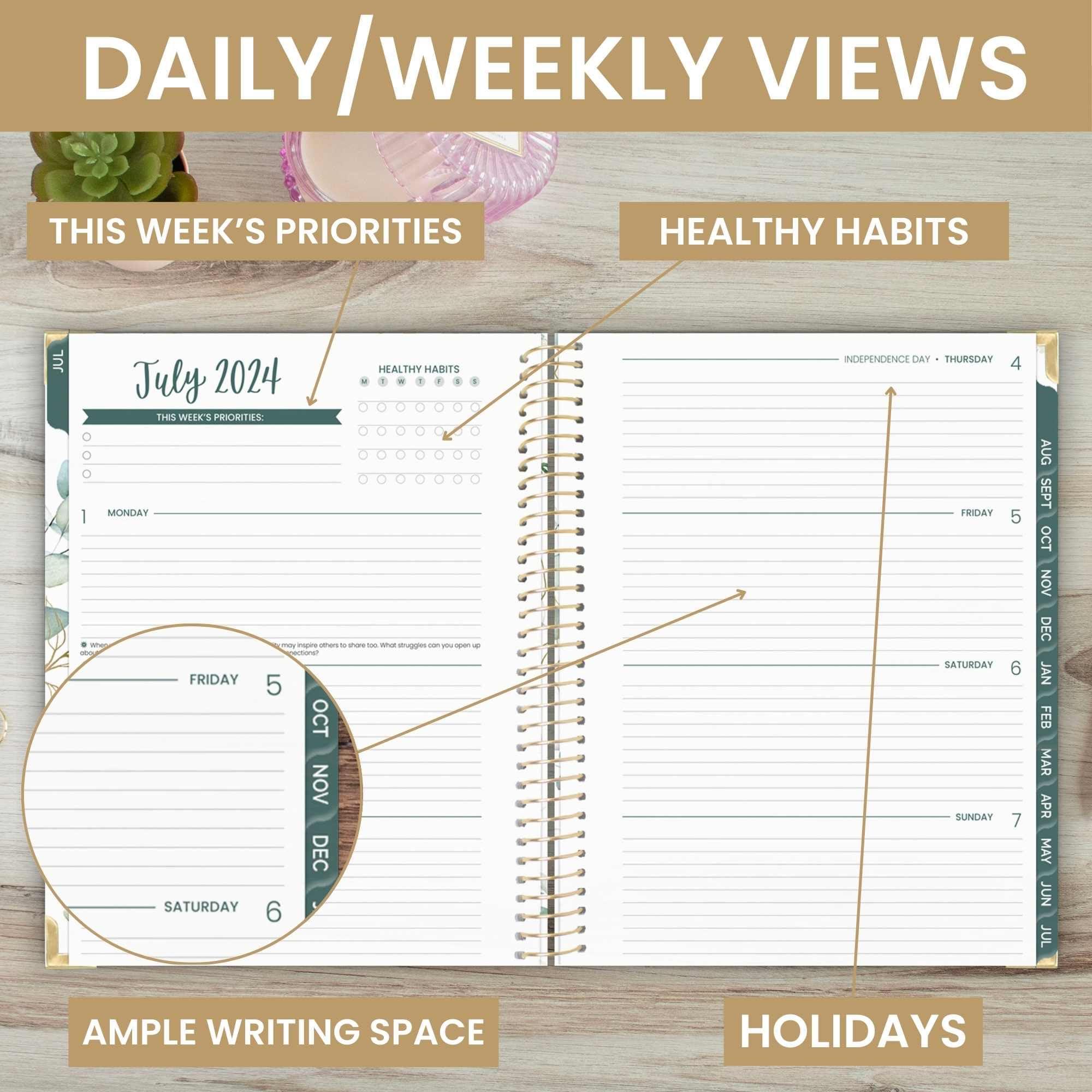Hardcover, agenda bloom daily planners 2024-2025 (21,6 x 27,9 cm) per anno accademico (luglio 2024 - luglio 2025), organizer per passioni/obiettivi, agenda mensile e settimanale, eucalipto, bianco