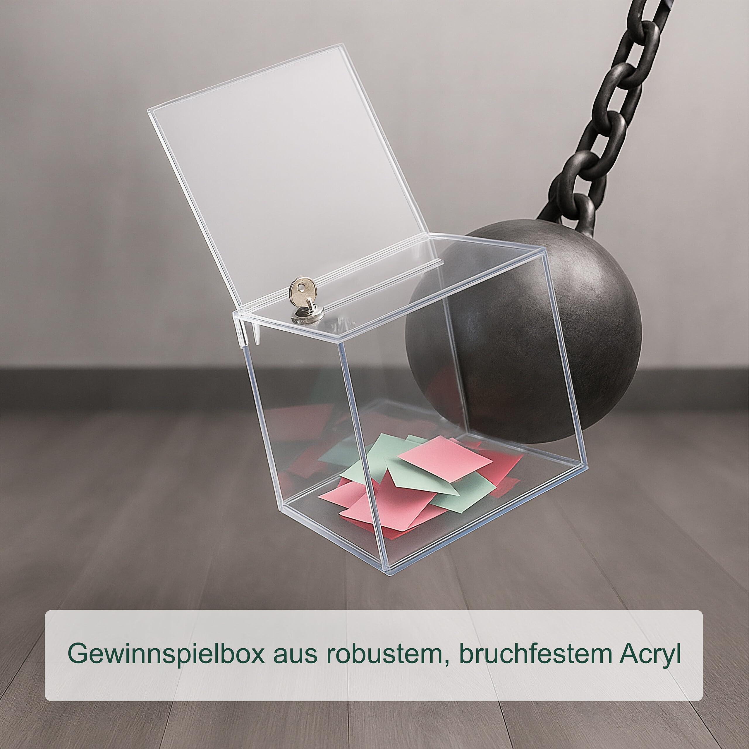 Relaxdays Losbox, Acryl, abschließbar, Blatteinschub, klappbarer Deckel, HBT: 40,5 x 21 x 25 cm, Spendenbox, transparent