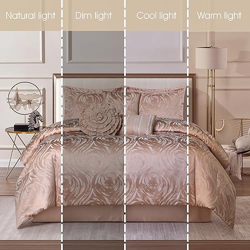 Miniatura 4 de Stratford Park Juego de edredón de color rubor, tamaño Queen, juego de ropa de cama jacquard de 7 piezas, diseño floral, para todas las estaciones