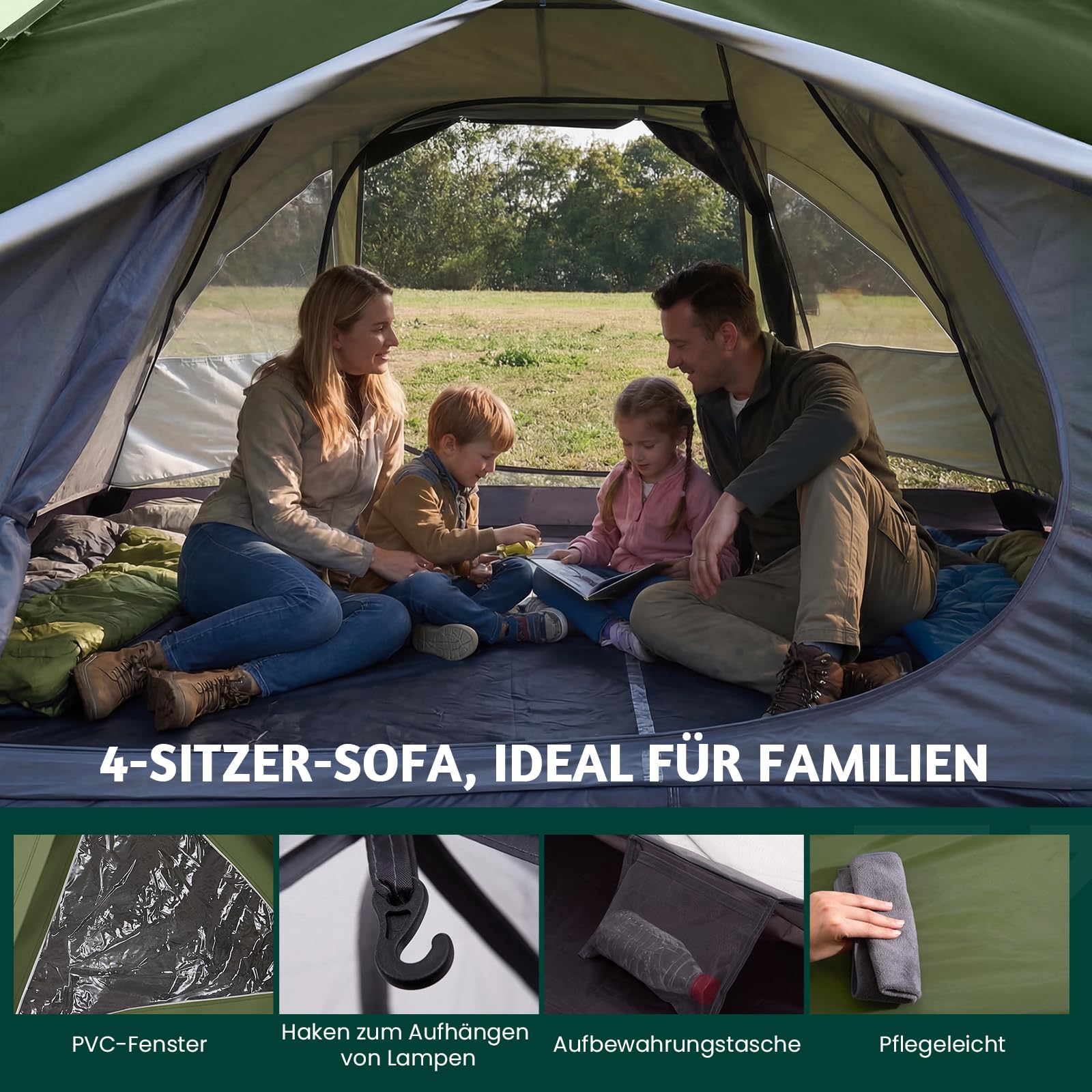 Camping Zelt 4 Personen mit Vorzelt Familienzelt Wasserdicht PU4000 UV-Schutz, Ultraleicht Campingzelt doppelwandig Vorraum Kuppelzelt mit Lüftungshutzen, Moskitonetz für Outdoor, Reise, Angeln