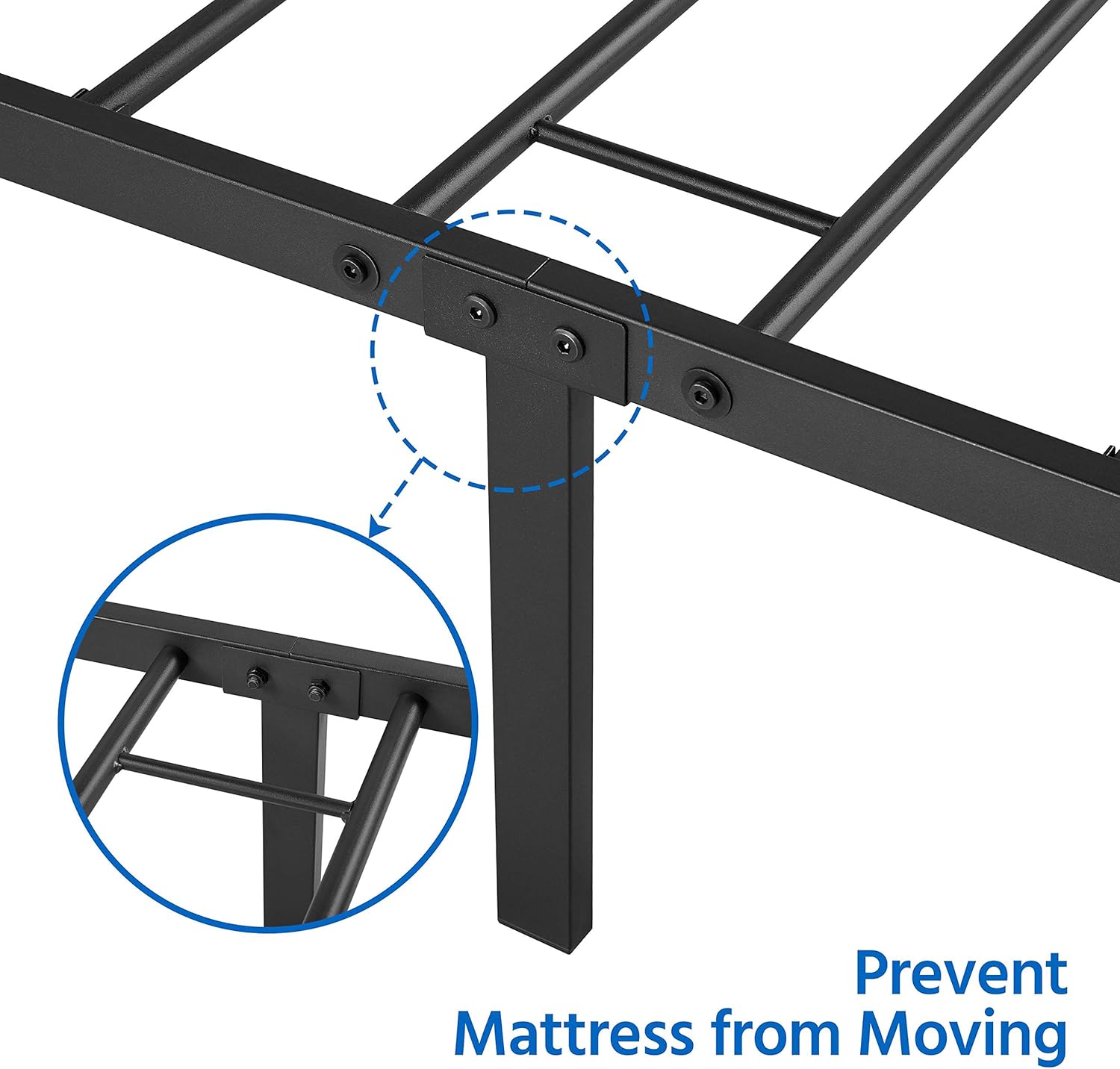 Close-up of a bed frame corner showing a mechanism to prevent mattress from moving.