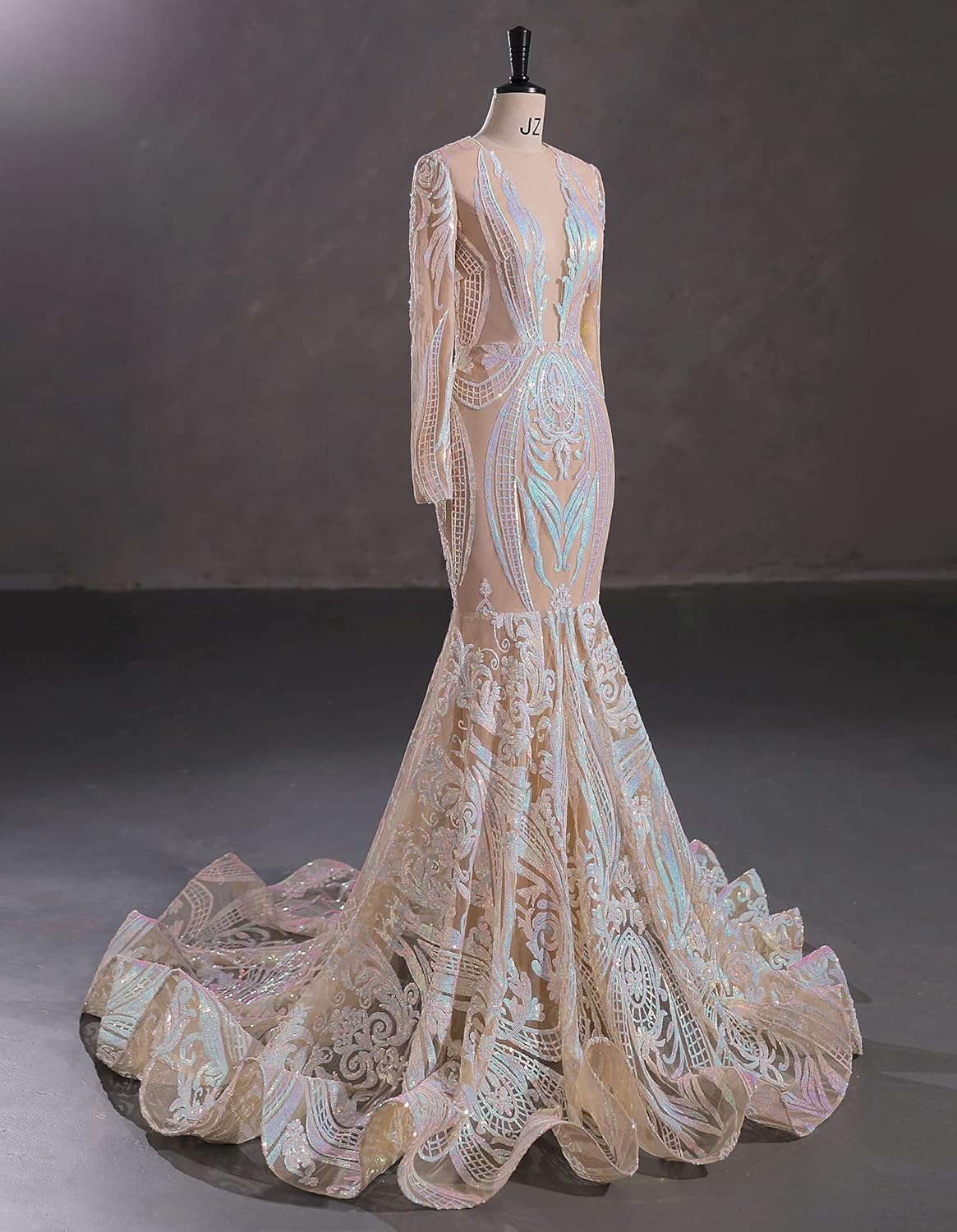 Women's Deep V-Neck Sequins Long Sleeves Mermaid Evening Dress