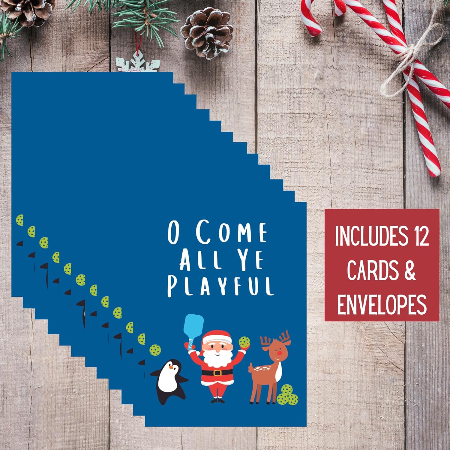 12 O Come All Ye Playful Pickleball Christmas Cards with Envelopes | 7 x 5 Inch Holiday Pickleball Cards | Quality Card Stock for Pickleball Gifts