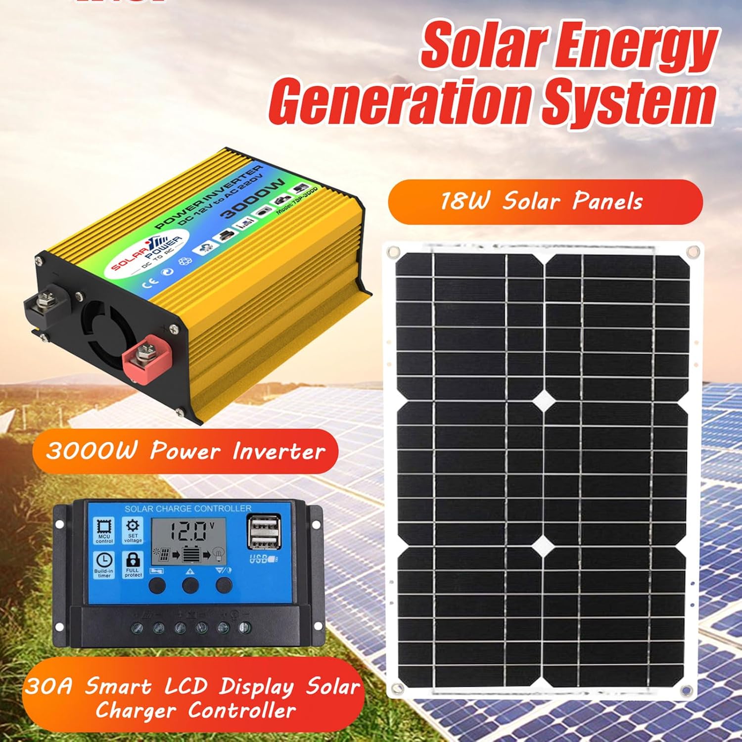 3000W Solar Energy Kit - Complete Set with 18W Waterproof Panel, 30A Smart Charge Controller, and Dual Ports