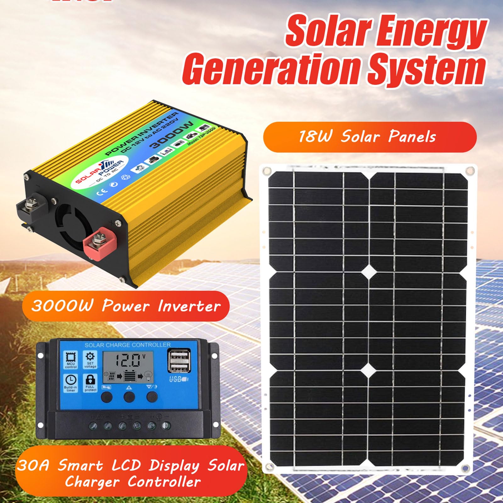 Kit inverter solare off-grid da 3000 W con pannello impermeabile da 18 W e controller da 30 A