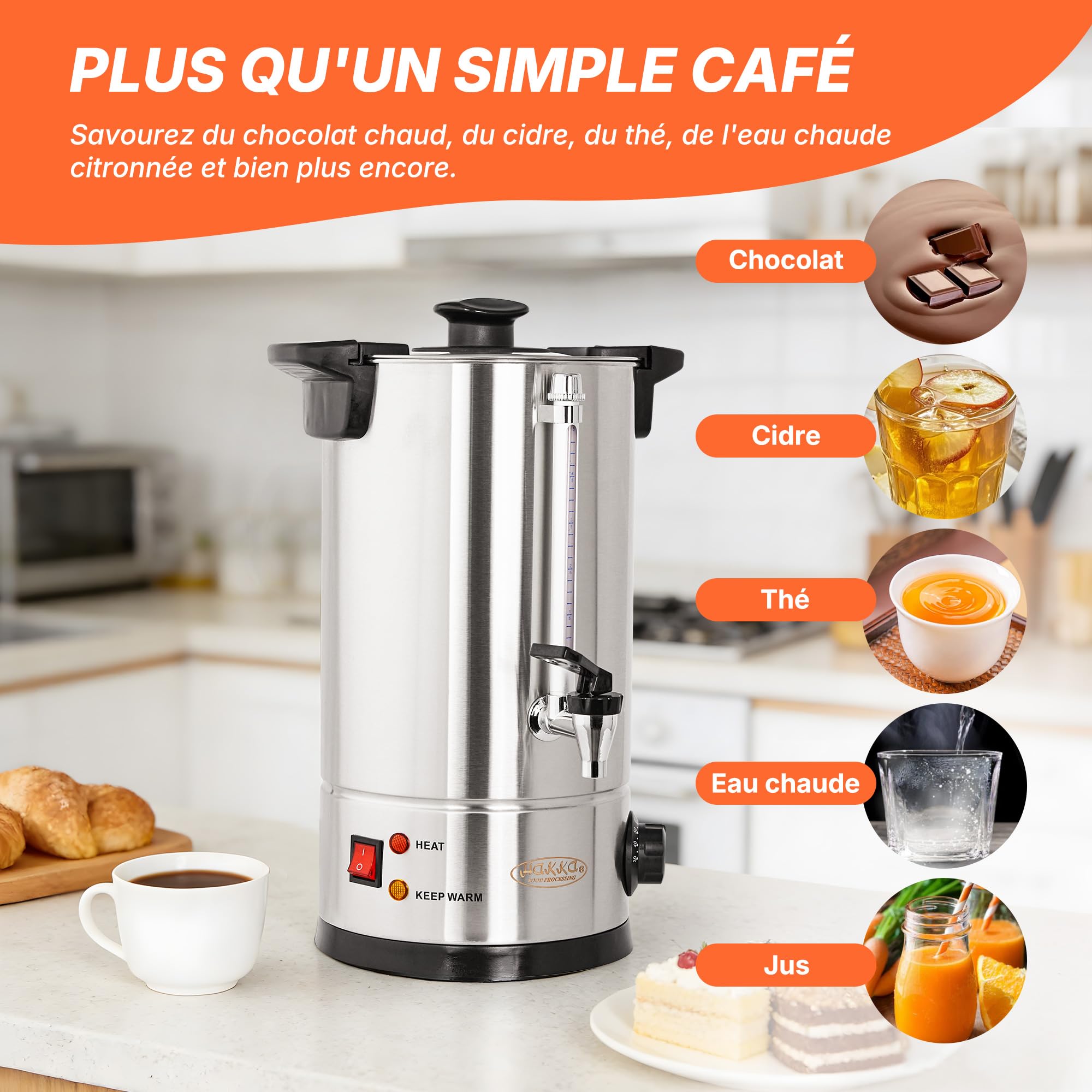 Hakka Percolateur à Café 7L/50 Tasses, Professionnelle Percolateur en Acier Inoxydable, Grand Distributeur de Café, Commercial Percolateurs électrique avec Indicateur de Niveau D'eau (Max: 5,7L)
