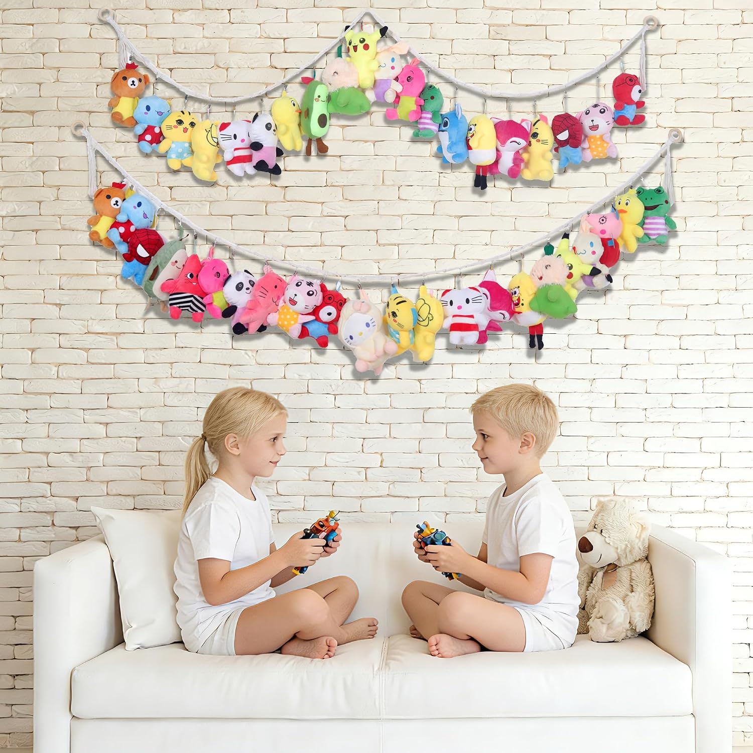 80" 2 Pack Cotton Hanging Storage Chain for Stuffed Animals Storage with 40 Metal Clips Stuffed Animal Organizer Chain for Wall Corner Nursery Play Room