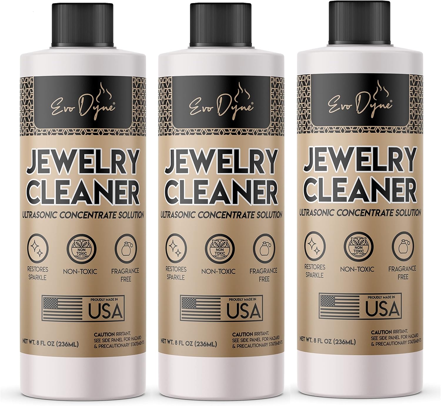 Evo Dyne 3-Pack Ultrasonic Jewelry Cleaner (8oz Per Bottle) – Solution for Diamond, Gold, Silver, Gemstones – Extra Concentrated Formula Jewelry Cleaner for Sonic and Ultrasonic Machines