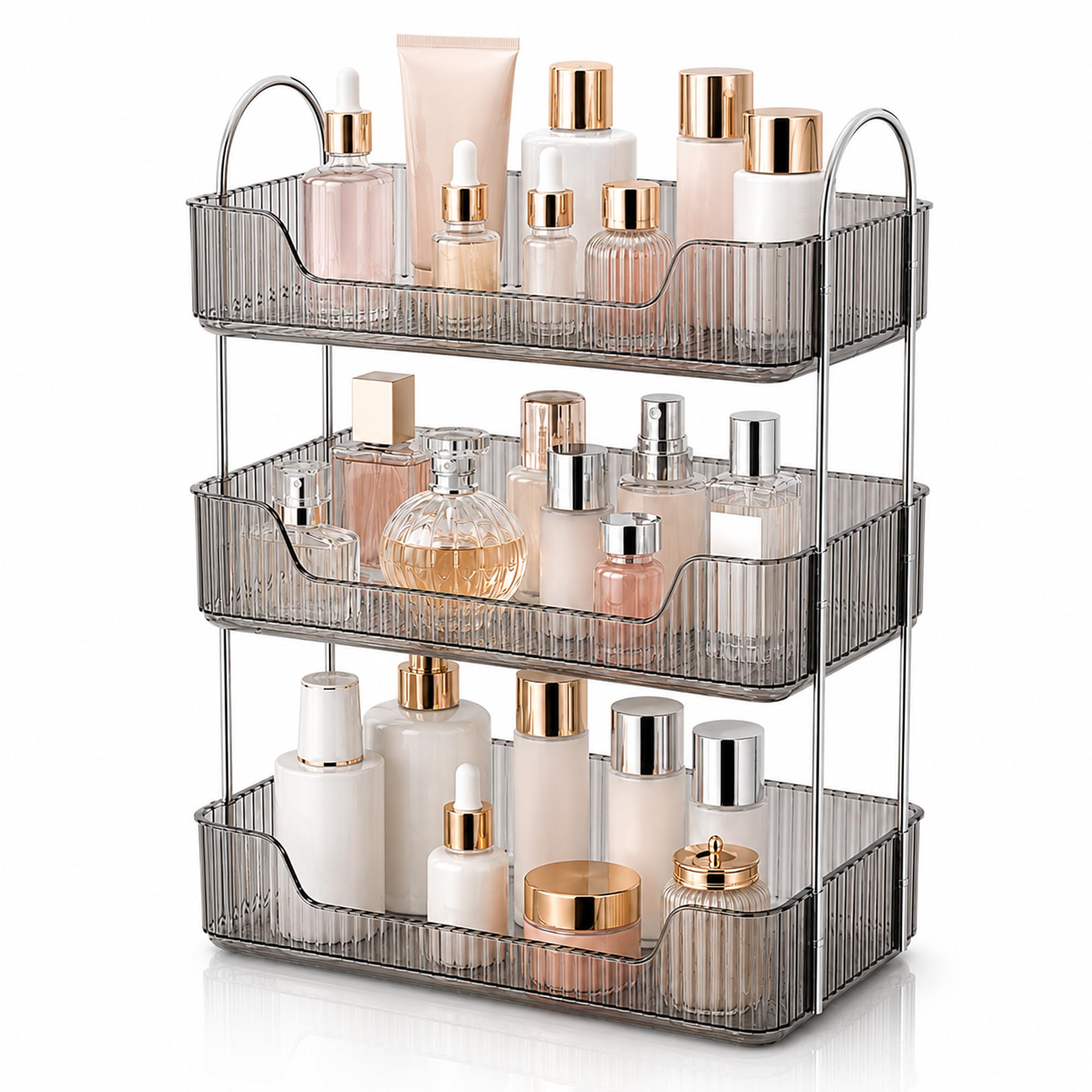 AJIEQAQ 3 Etagen Badezimmer Organizer, Kosmetik Aufbewahrung & Parfüm Tablett (Grau), Großes Hautpflege Regal für Schminktisch, Bad & Arbeitsplatte, Elegantes Design (30x17x48 cm)