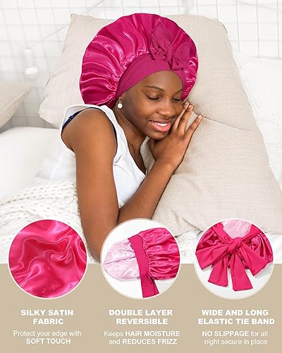 Miniatura 4 de Gorro de satén para mujer, gorro de seda para dormir, gorro de pelo rizado con banda de corbata, doble capa para dormir, envoltura para el cabello