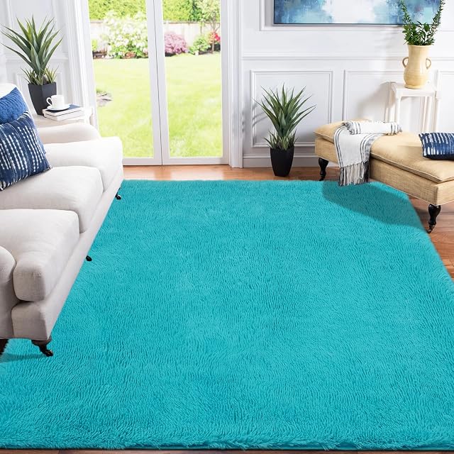 XSIVOD Rug Living Room, Ultra Soft Bedroom Rugs Area Rugs for Living Room Floor Carpet, Luxury Fluffy Shag Lounge Rug Ideal for Bedroom, Nursery, Kids Baby Room, 120x160cm, Teal Blue
