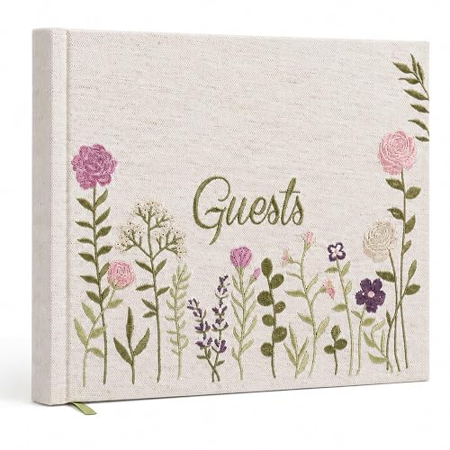 Linen Floral Embroidered Photo Wedding Guest Book - Pink Guestbook