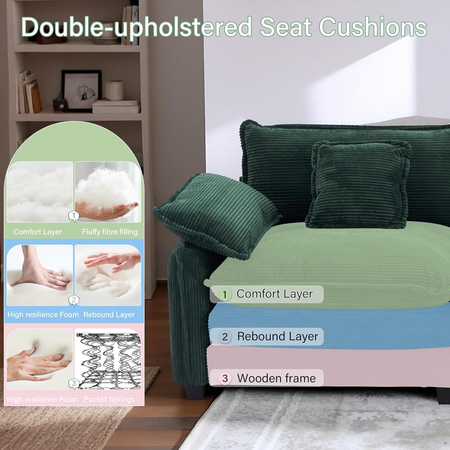 Modular Sectional Sofa, Comfy Cloud Couch with Movable Ottoman, 3-Seat Corduroy Sofa Sleeper with Double Cushions, Deep Seat Sofa with 5 Pillows for Living Room(Green)