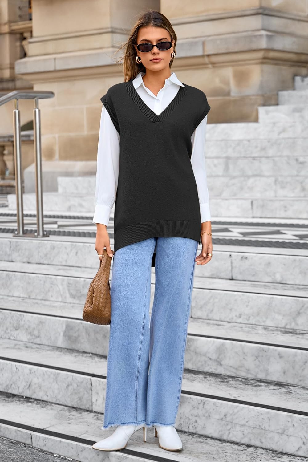 Arach&Cloz Women's Wool Blend Side Slit High Low Versatile V Neck Fall Sweater Vests 2025 - Image 5