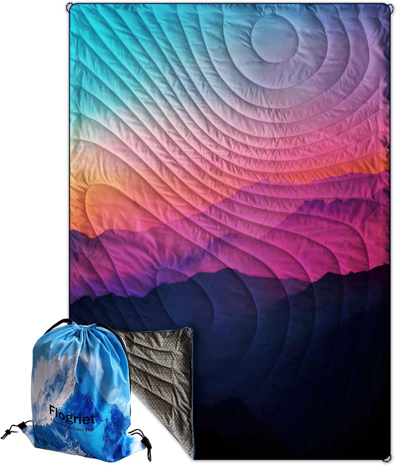 Packable Camping Blanket Puffy Lightweight Water Resistant Windproof Double Sided Gradual Sunset Includes Oversized Drawstring Backpack for Travel Concerts Outdoor Adventures