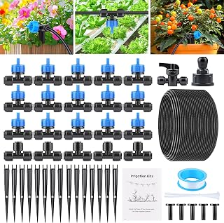 60PCS Garten BewässerungsSystem, Tropfbewässerung Kit, Wassersparende Bewässerung Kit mit 60 Stücke Zubehörteile (mit 15 Tropfspitze u. 20m Schlauch) für Landschaft, Balkon, Blumentopf
