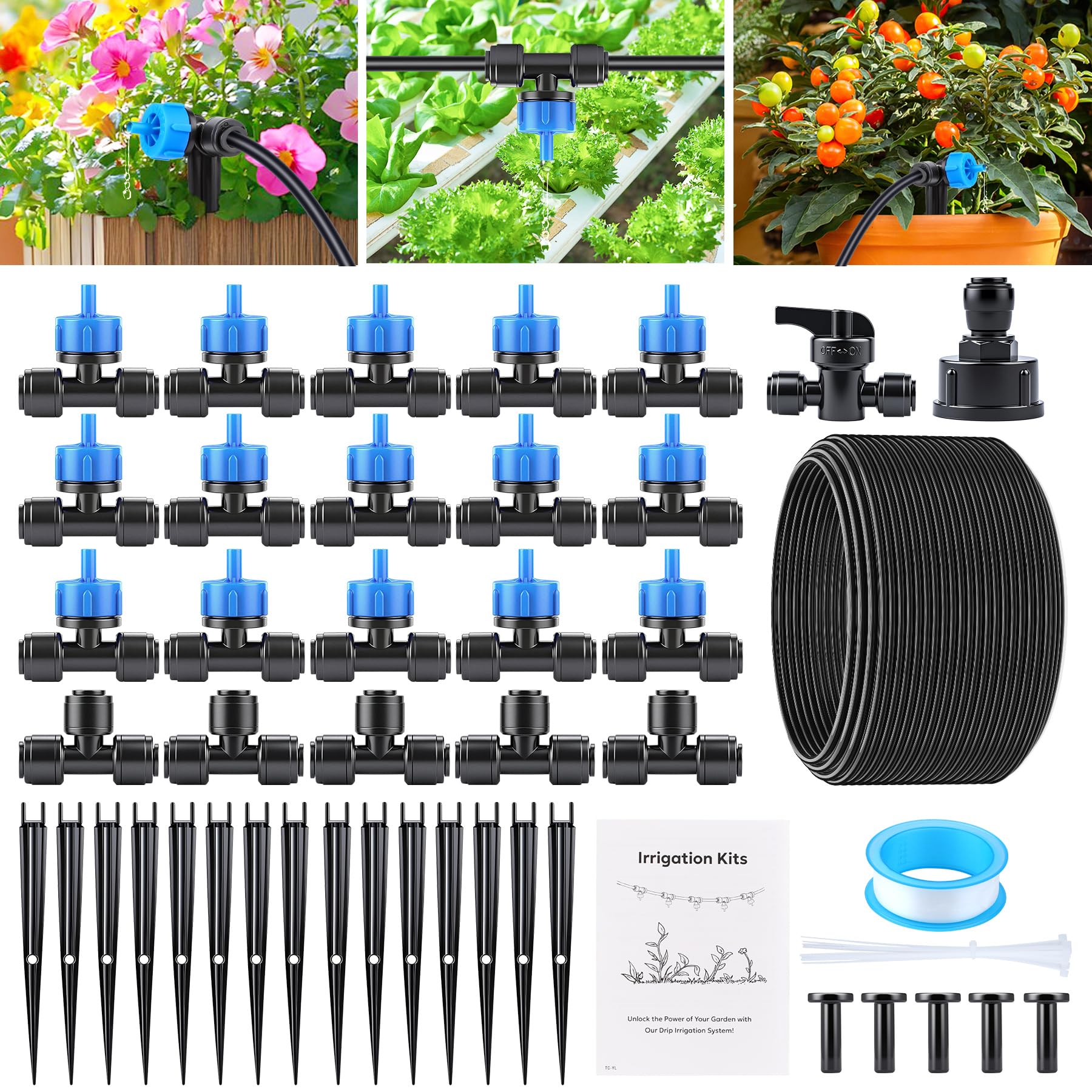 YAOBLUESEA 60PCS Garten BewässerungsSystem, Tropfbewässerung Kit, Wassersparende Bewässerung Kit mit 60 Stücke Zubehörteile (mit 15 Tropfspitze u. 20m Schlauch) für Landschaft, Balkon, Blumentopf