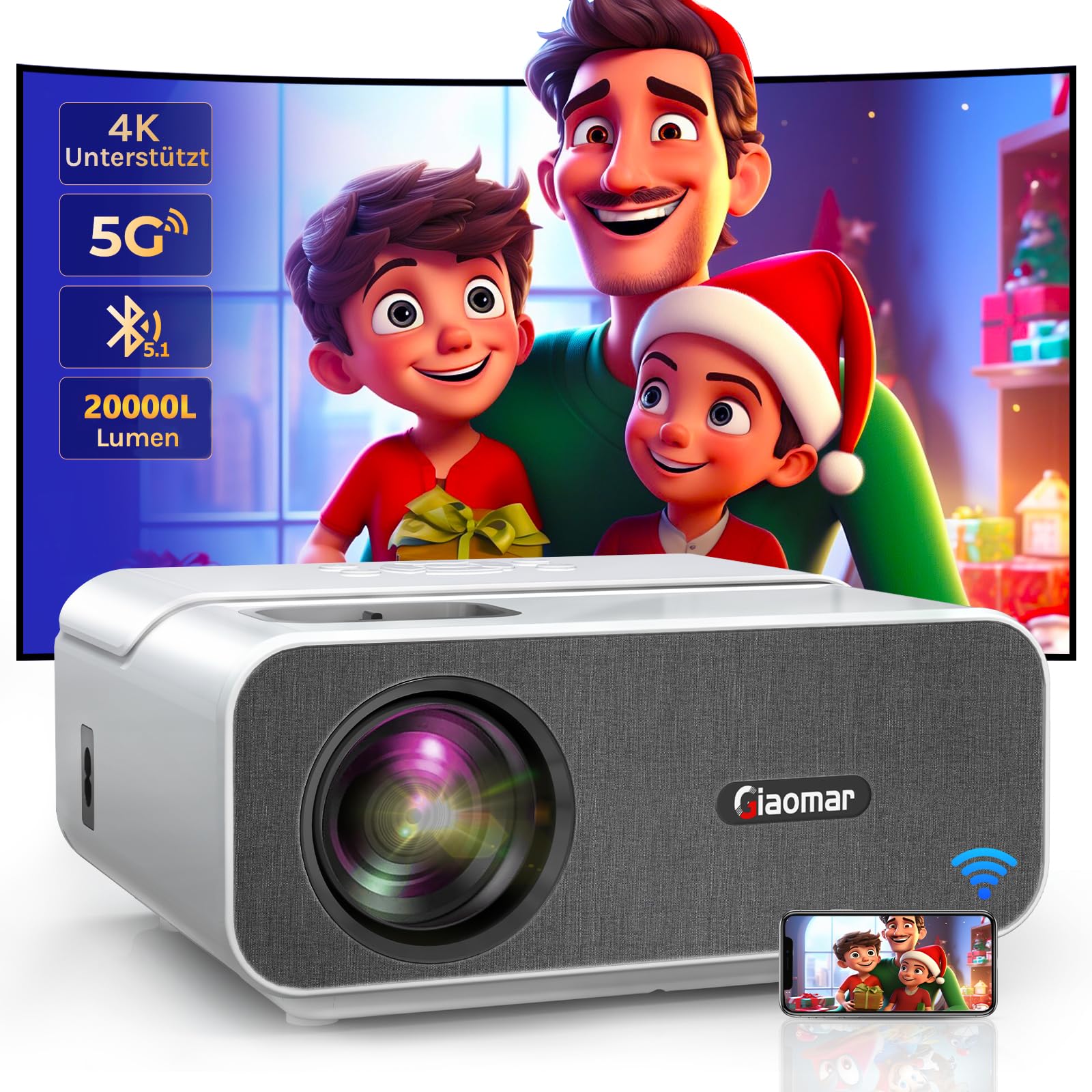 Mini Proiettore 4K Supportato, Full HD 1080P Nativo Con WiFi 5G E Bluetooth - Portatile Per Cinema Casa E Viaggi