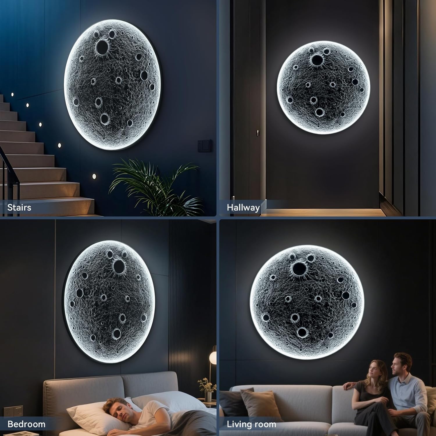 Large Dimmable Moon Wall Light with Remote Control Plug-in, Round Wall Lamp Indoor Wallmounted Ceiling Light Fixture for Living Room Hallway Bars Cafes (48" Dia.)