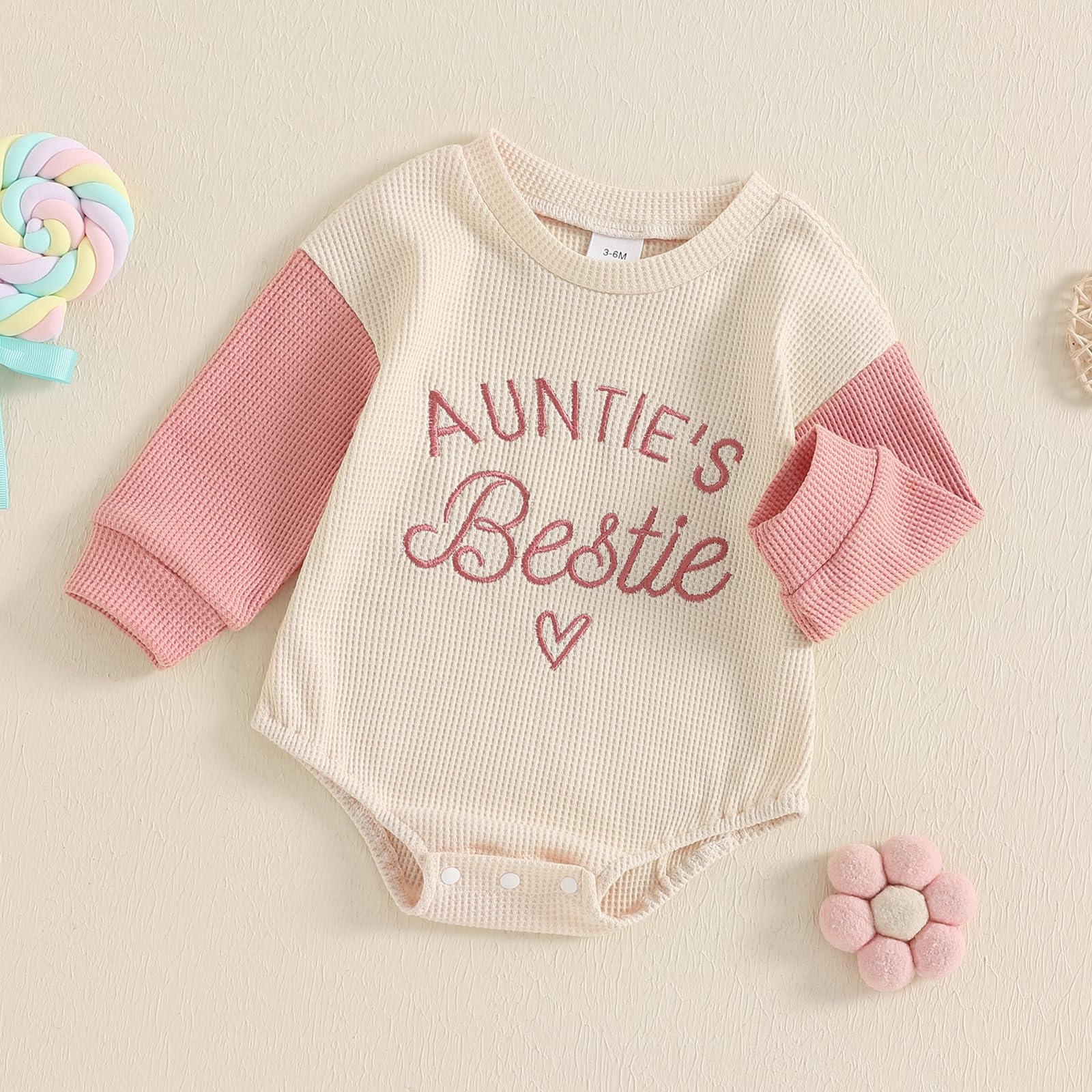 SAYOO Aunties Bestie Baby Girl Clothes Letter Embroidery Waffle Color Block Sweatshirt Bodysuit Fall Bubble Romper Pullover (Pink, 6-12 Months)
