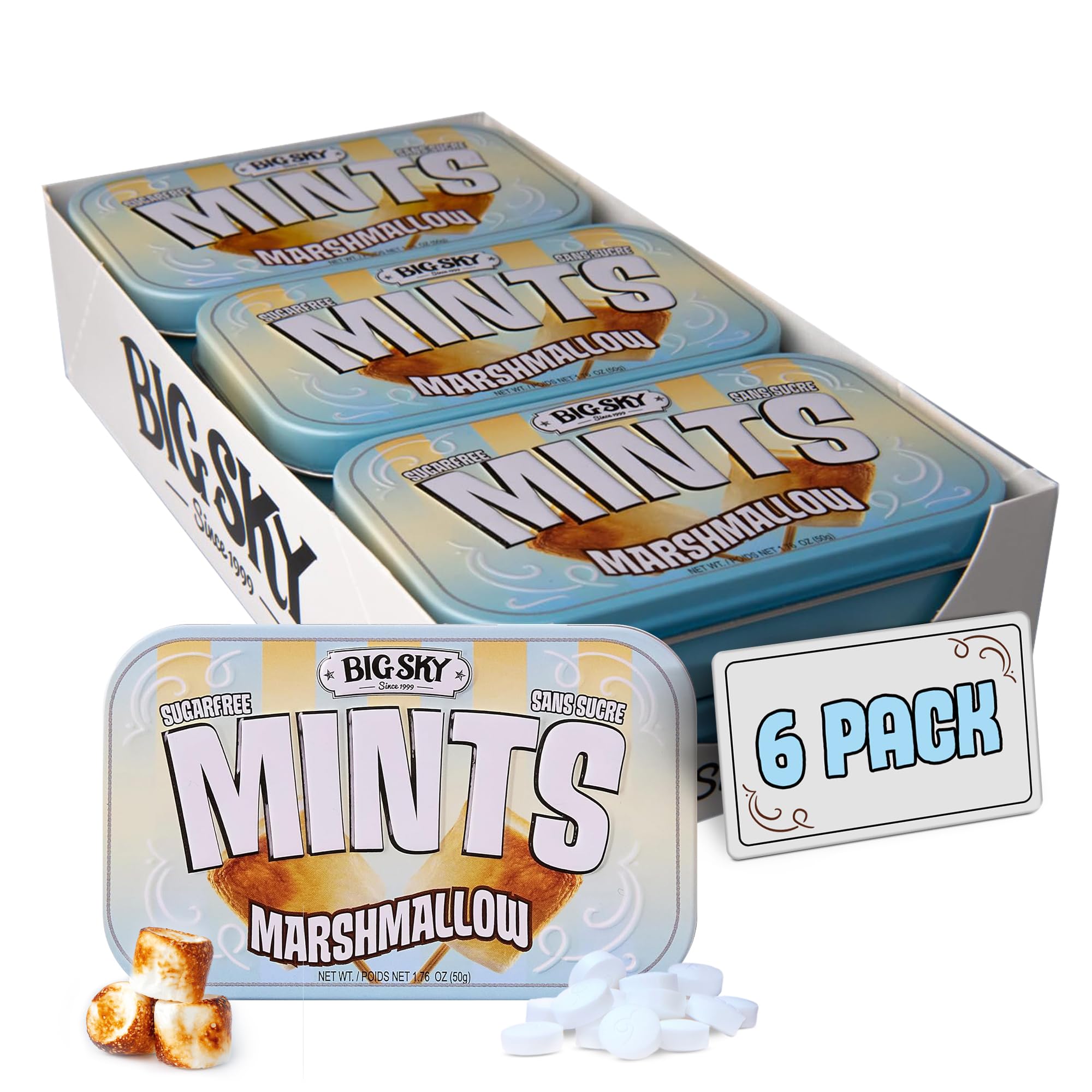 Big Sky Sugar Free Mints - Marshmallow - 50 Count Tin (Pack of 6) | Kosher Certified, Vegan Candy | Aspartame & Gluten Free | Sweet Sugar Free Marshmallow Candy Mints for Travel & Sharing