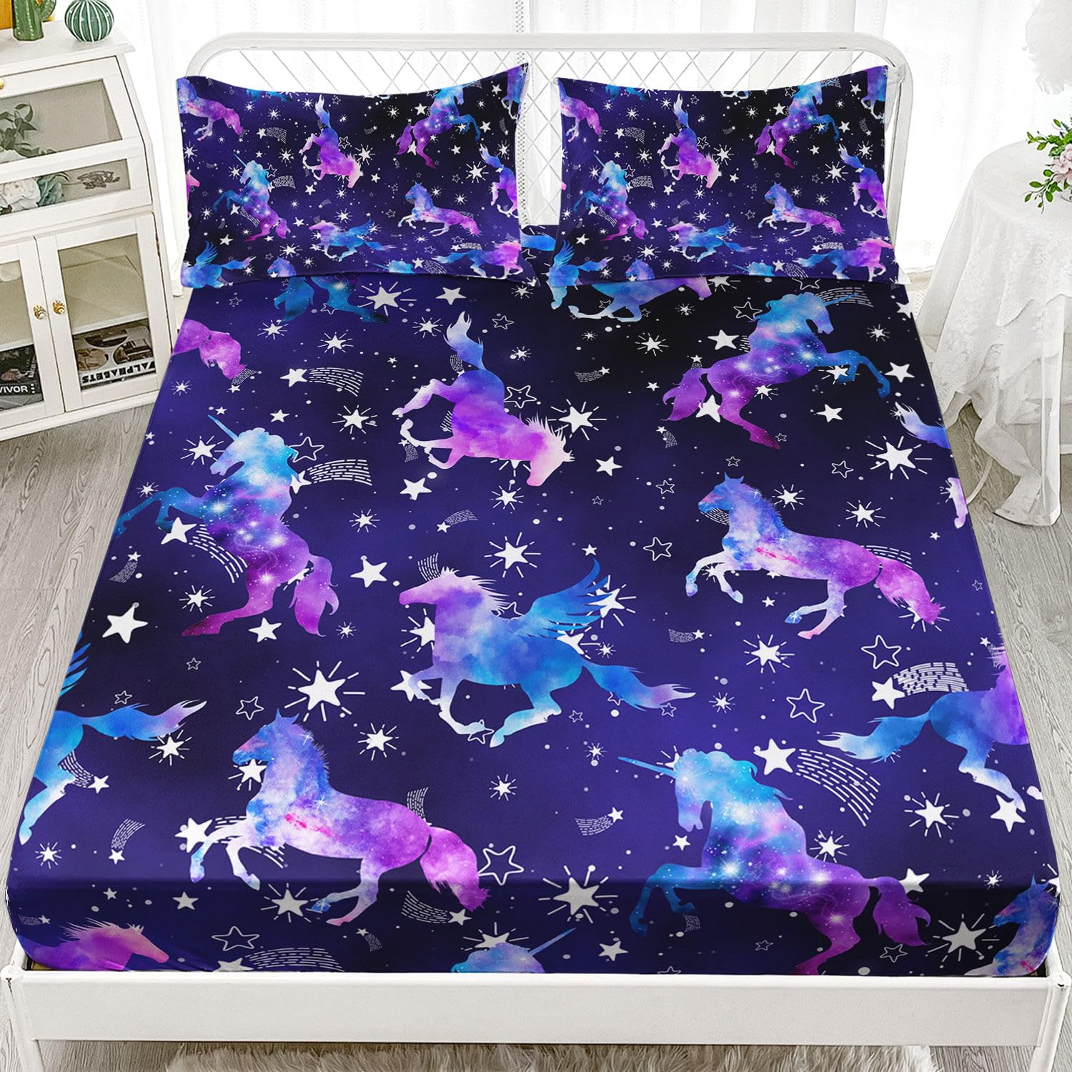 Datura Home Colorful Unicorn Sheets Set for Kids - Star Theme Printed 4-Piece Set with Flat Sheet, Fitted Sheet, 2 Pillowcases (Full Size)