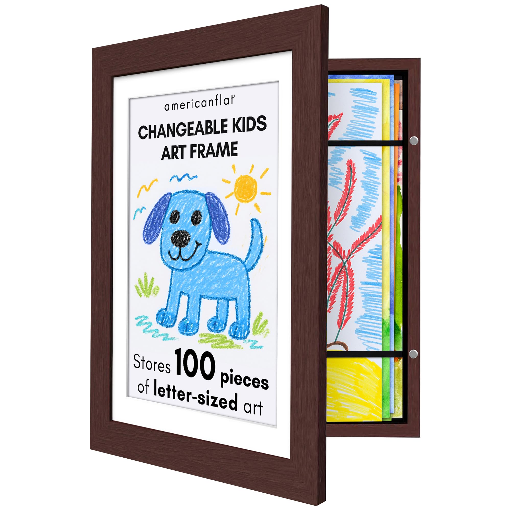 Americanflat 10x12.5 Kids Art Frame - Front Loading Picture Frame - Use as 8.5x11 Frame with Mat or 10x12.5 Frame Without Mat - My Mini Masterpiece - Holds 100 Artworks - Mahogany