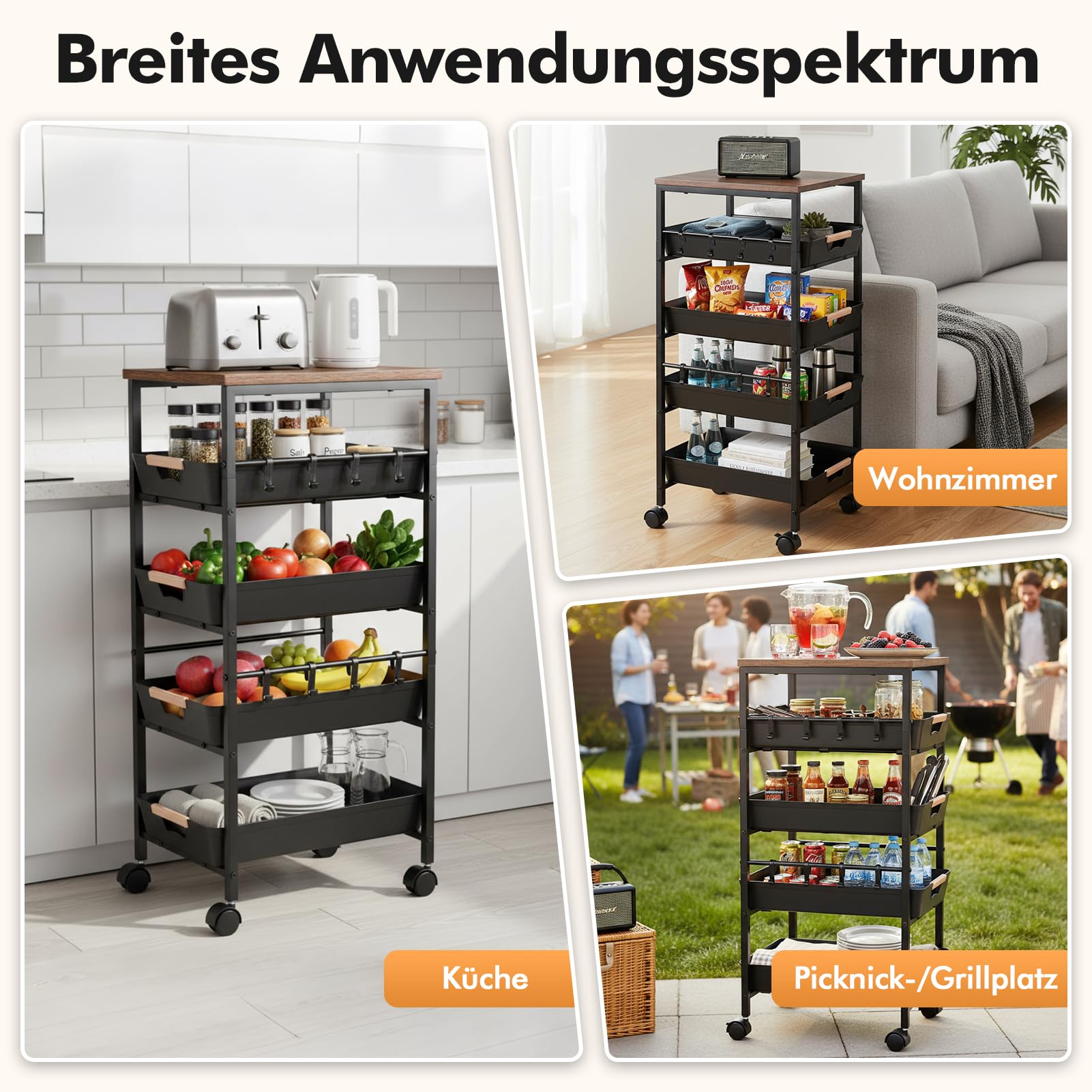 Rollwagen mit Schubladen 5-Stöckiger, Rollwagen Metall Küchenwagen auf Rollen, Aufbewahrungswagen aus Metall mit Holzplatte, Belüfteten Körben und Rollen, Snack-Organizer für Obst, Gemüse, Mikrowelle