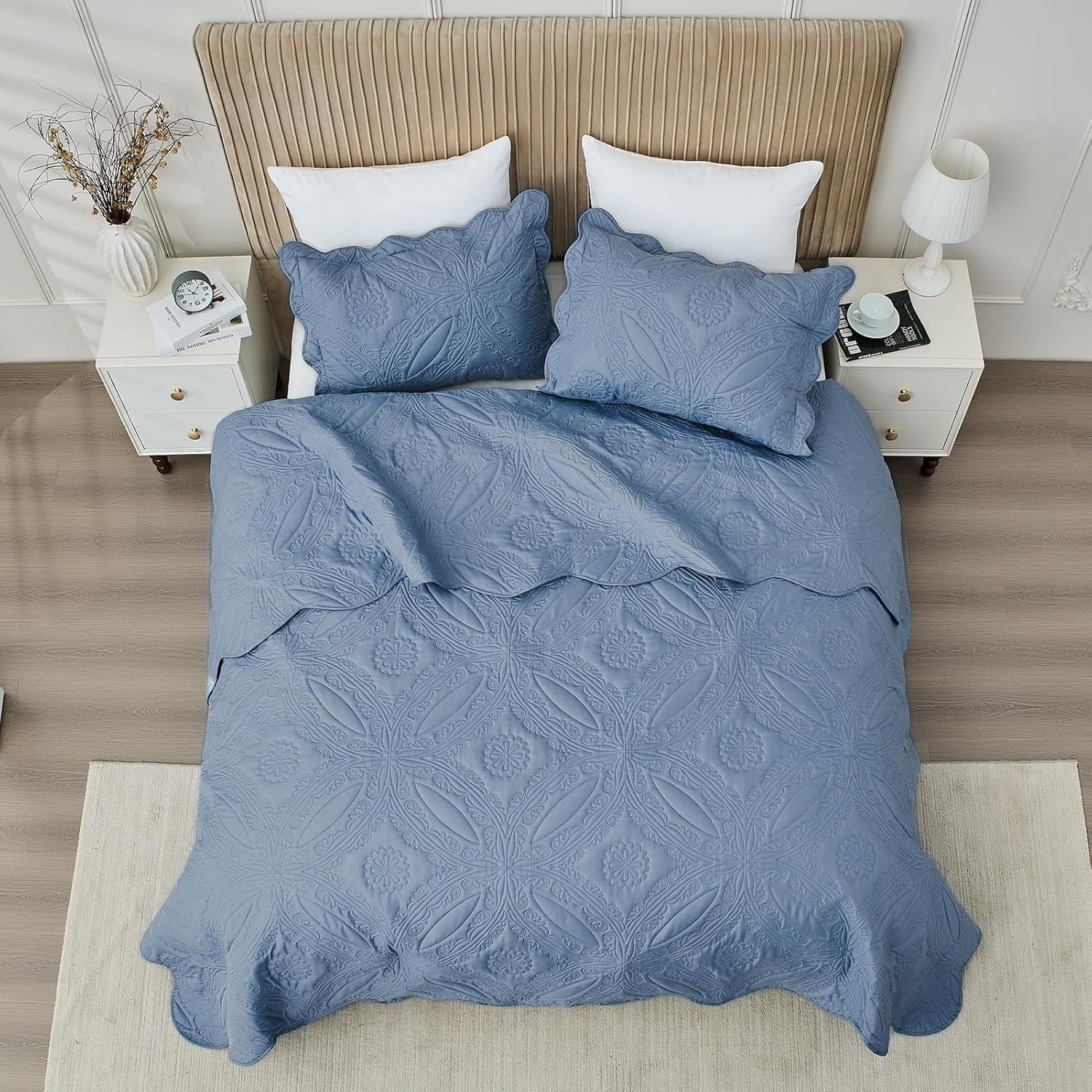 Kingnex Oversized King Bedspreads 128x120 for Extra Wide Tall King or Cal King Bed Ultrasonic Quilted Coverlet Set 3 Piece Include 1 Quilt 2 Pillowcases Faded Denim