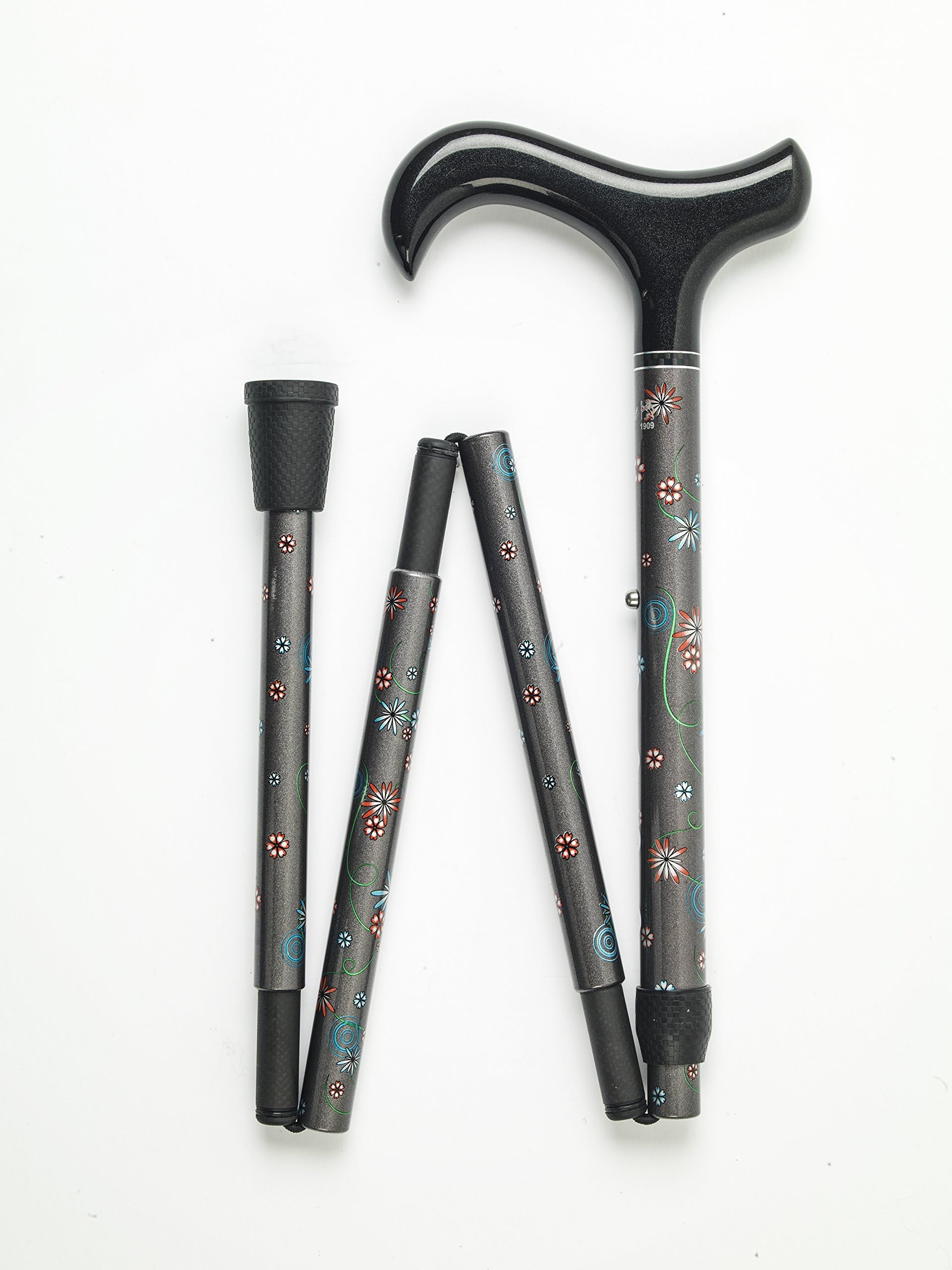 Carbon Fibre Folding Walking Stick with a Grey Shaft and Red Flowers