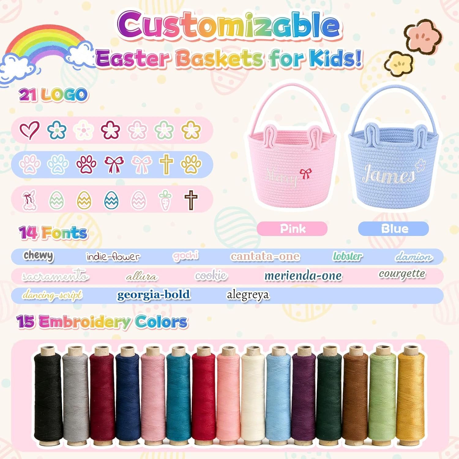 Easter Basket for Kids, Personalized Bunny Basket with Embroidered Name for Girl, 7.8" Woven Cotton Rope Easter Egg Hunt Basket Empty for Candy Gifts Storage Organizer (Pink)