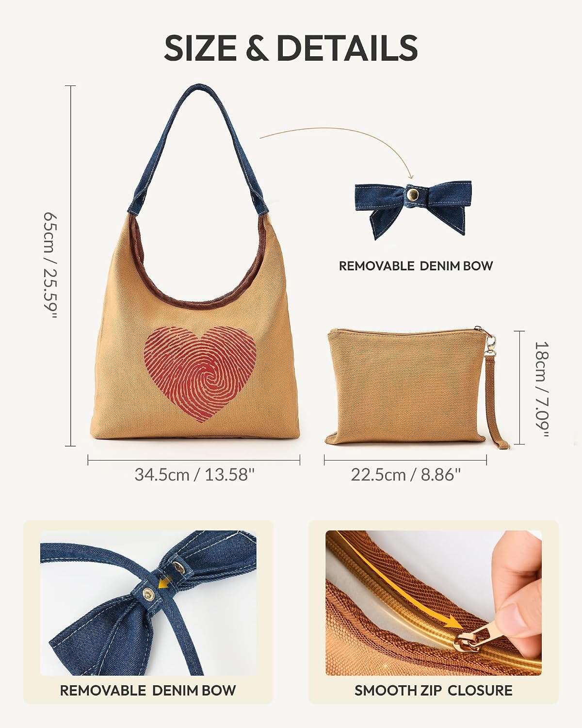 Jeasona 2PCS Canvas Hobo Bag-Heart Fingerprint,with Small Bags