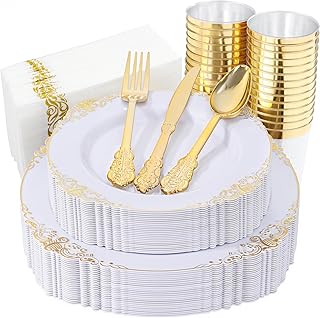 Nervure 175PCS White and Gold Plastic Plates - Disposable Dinnerware Set...