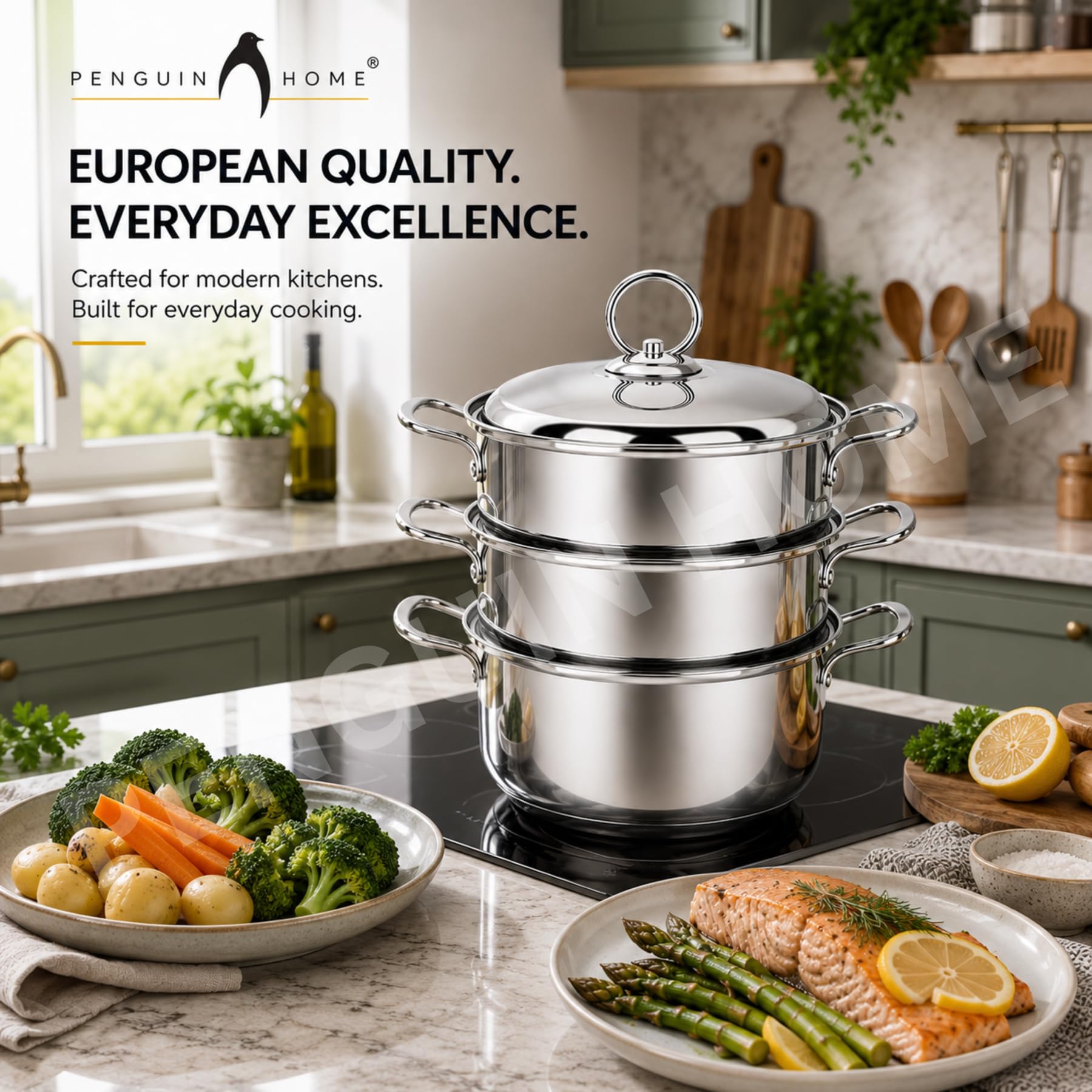 Penguin Home® Set per cottura a vapore a 3 livelli 3 litri 20 cm | Cassaforte a induzione | Piroscafo per alimenti a tre livelli in acciaio inossidabile |Piroscafo da cucina per cucinare |
