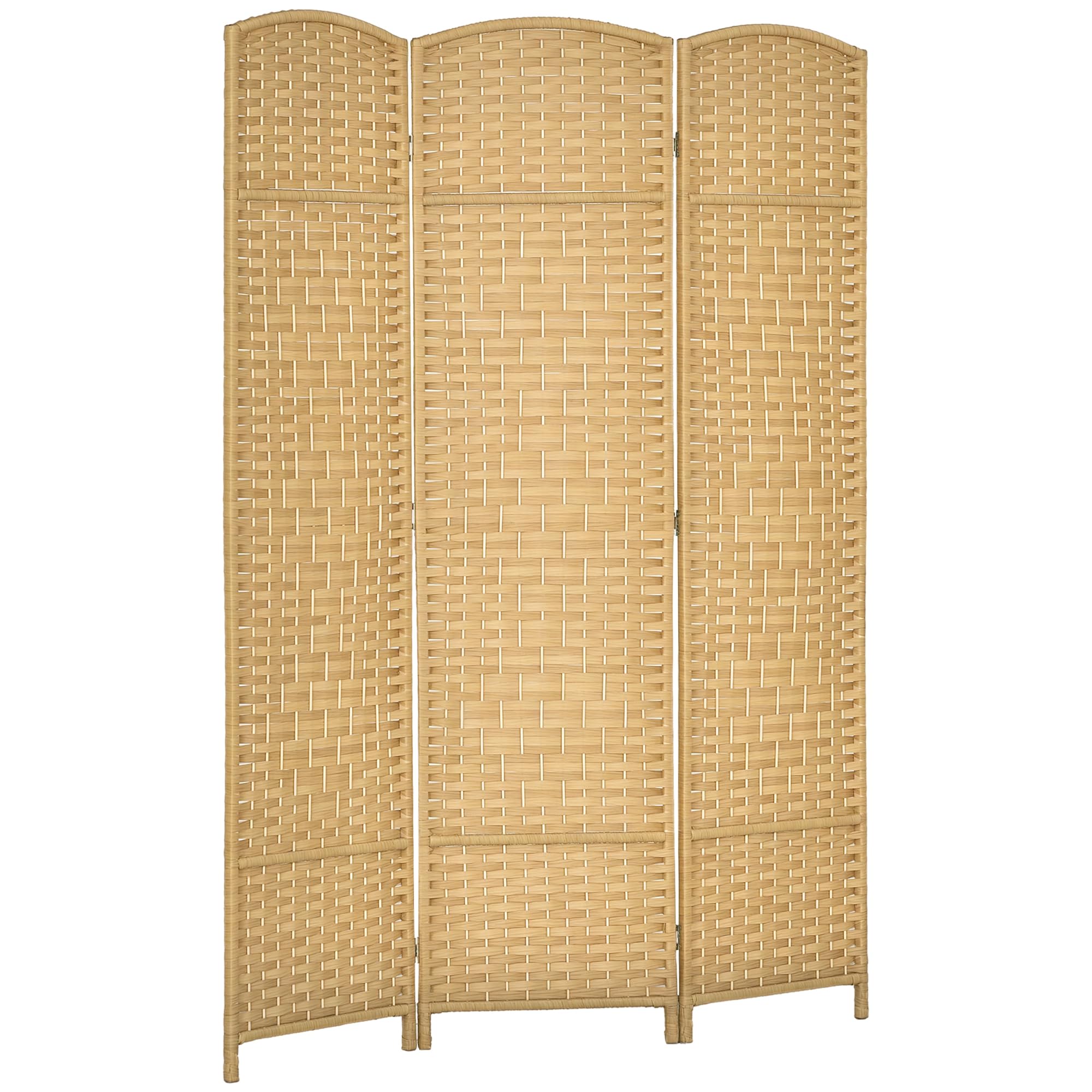 HOMCOM Paravento da Interno a 3 Pannelli Pieghevole, 135x180 cm Separé Divisorio per Ambienti Interno Autoportante Intrecciato in PP e Legno di Pino per Casa, Soggiorno e Ufficio, Effetto Naturale