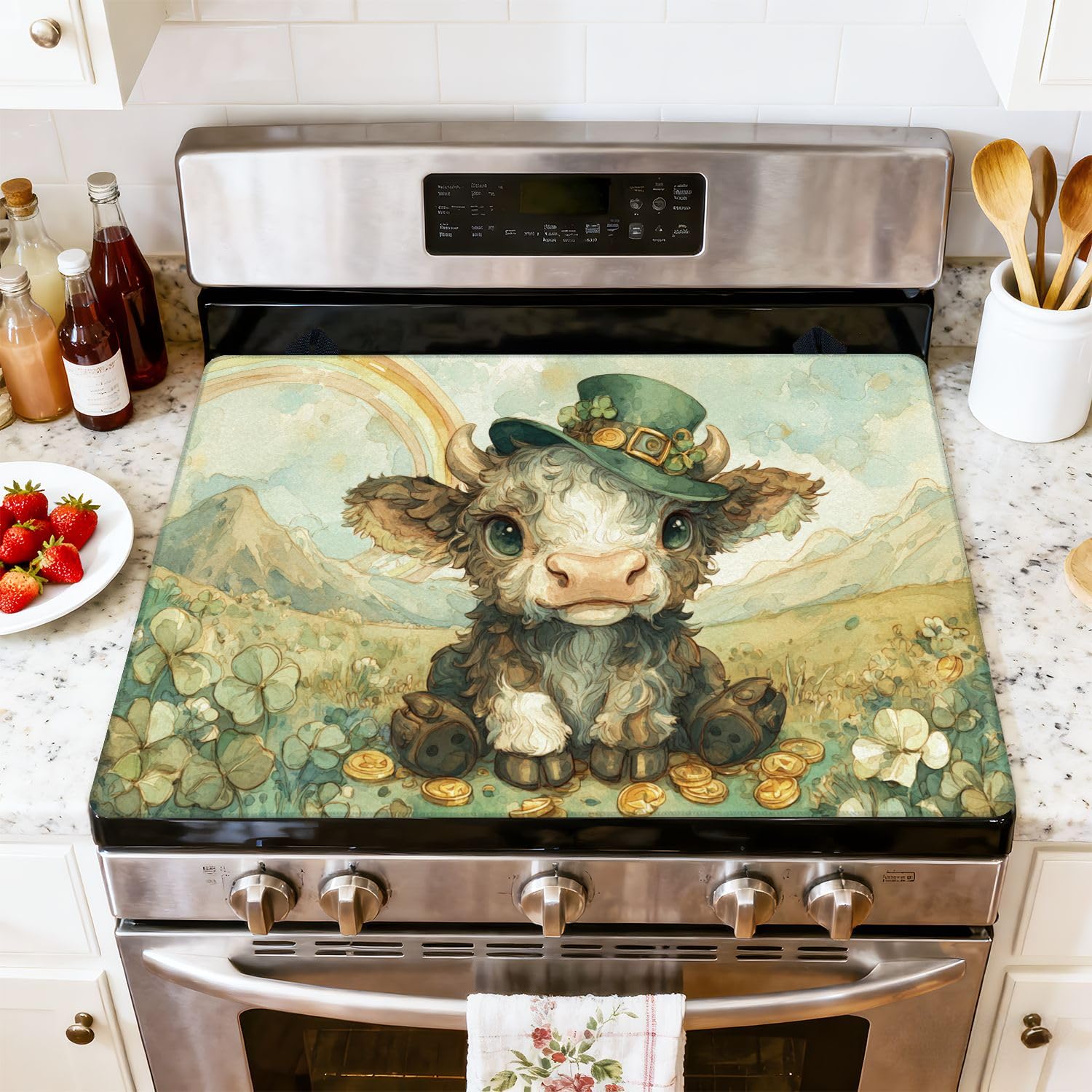 Stove Top Cover for Electric Stove Enchanting Watercolor Highland Cow Rainbow Lucky Coins Heat Resistant Glass Cooktop Protector Flat Top Oven Cover Mat Prevent Scratching 28" x 20"