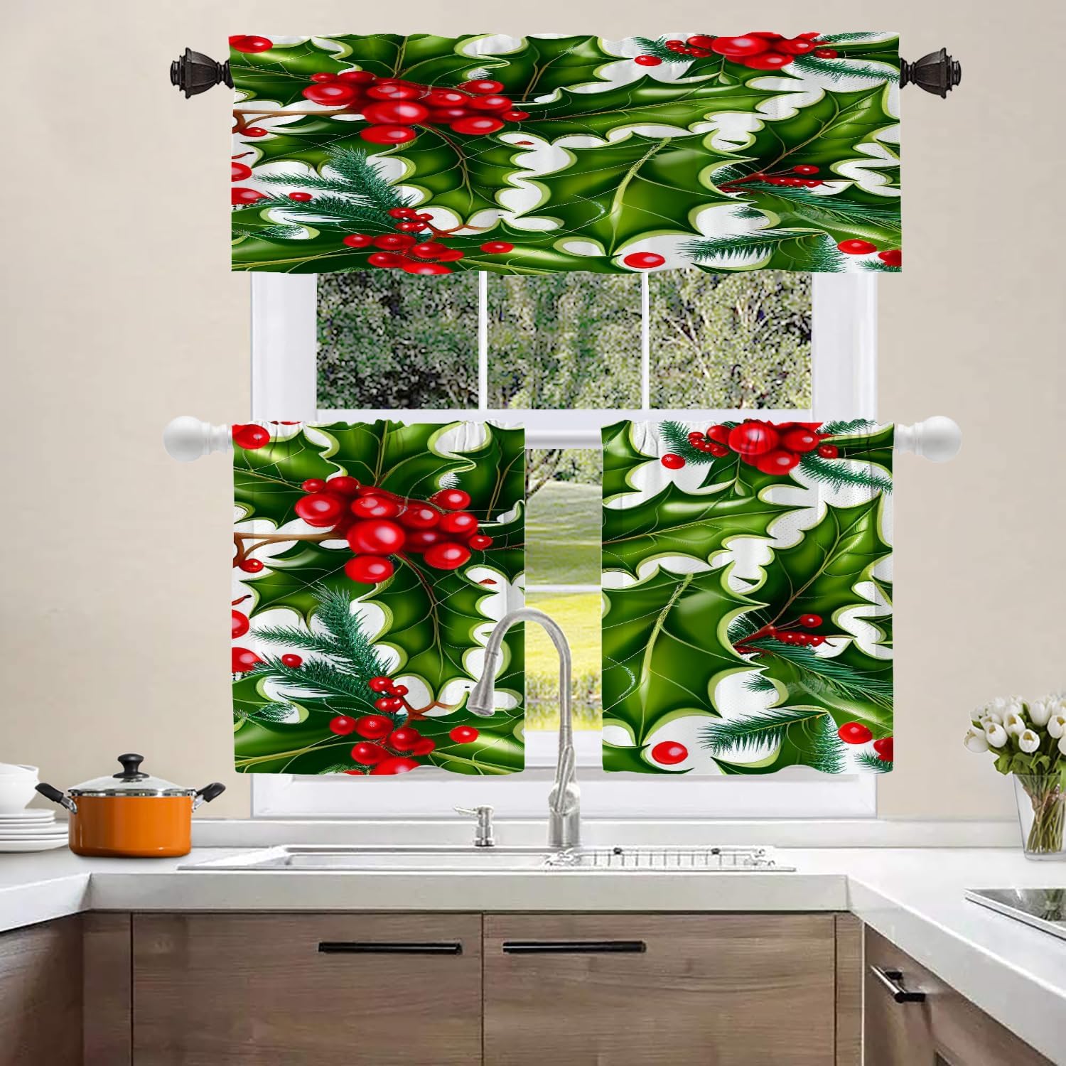 Shrahala Christmas Fir Branches Kitchen Valances, Green Fir Branches Red Holly Berry Half Window Curtain Window Treatment Multilayer Polyester Blackout for Living Room Bathroom 2 Pack 52 x 16 in