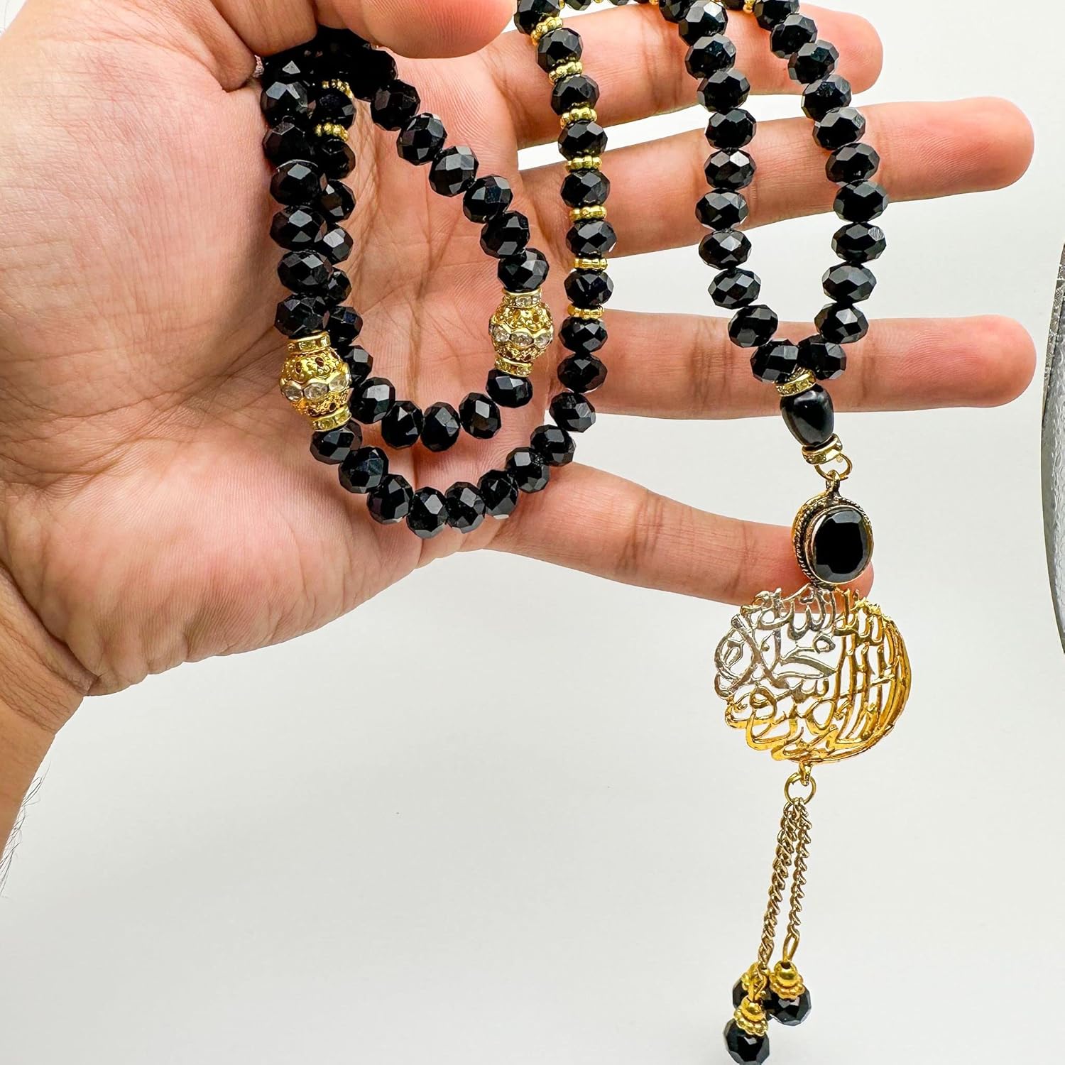 REAL Black Crystal Islamic Kalma Prayer Beads, Natural Stone 99 Beads, Tasbih, Misbaha, Tasbeeh, Rosary, Sibha, Tasbih 99, Tasbih, 460 mm (Approximately 18.11 Inch)