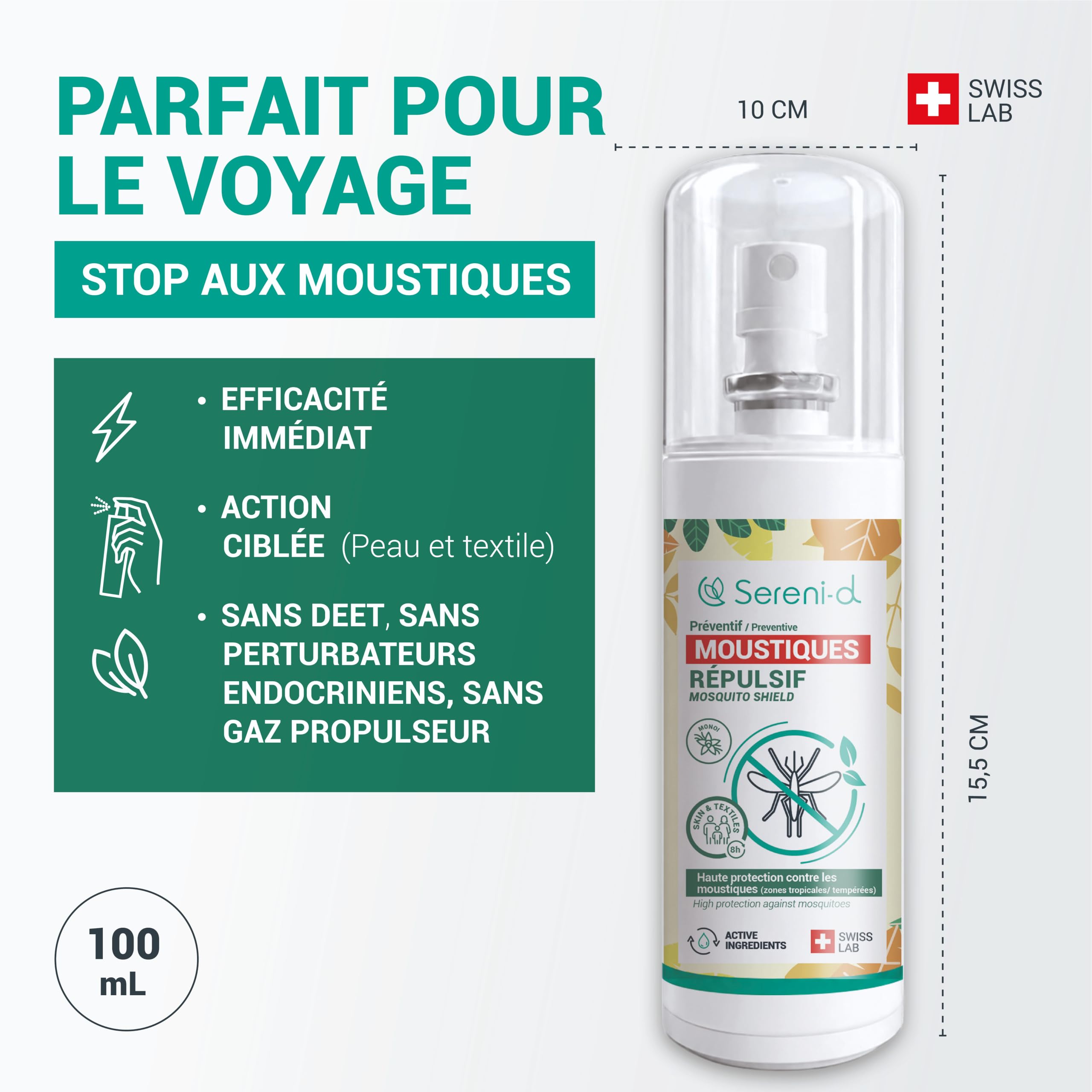 ANTI-MOUSTIQUES MONOÏ Spray Répulsif Corps & Vêtements 100mL – Eucalyptus Citronné – Jusqu'à 8h – Moustique Tigre – Dès 6 Mois – SANS DEET – Swiss Lab – Sereni-d®