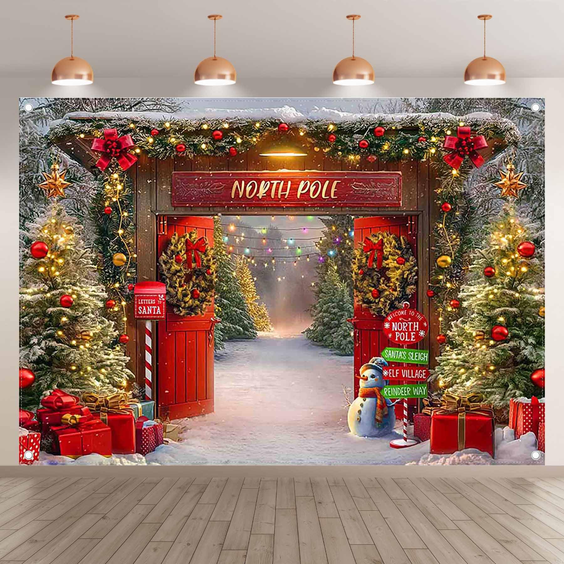 Luminora 2,4 x 1,8 m Pôle Nord Porte en Bois du Père Noël Toile de Fond | rouge Maison Village de fées Forêt enneigée Renne Arrière-plan Hiver Joyeux Noël Décor Fête Photo Bannière