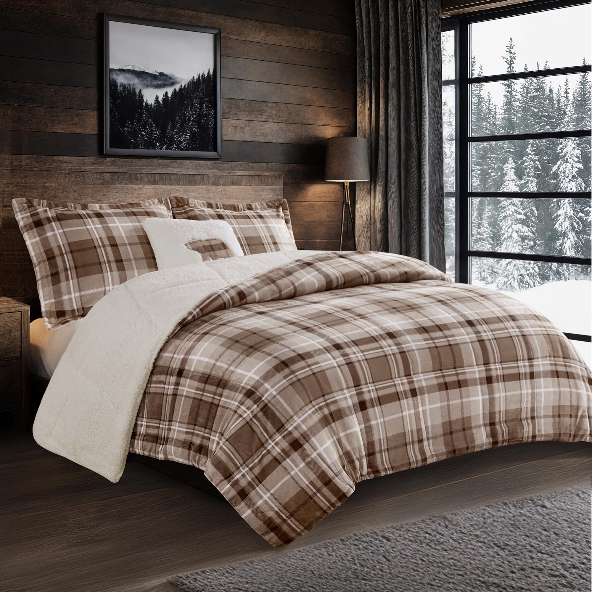 woolrich reversible comforter set ultra soft plush to sherpa, down alternative, cold weather winter warm bedding, with matching sham, decorative pillow tan plaid full/queen 4 piece