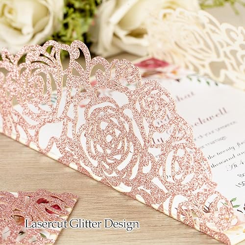 Miniatura 5 de Kit de invitación de boda con purpurina rosa, 50 unidades, corte láser, invitaciones de boda personalizadas con sobres y tarjetas de confirmación