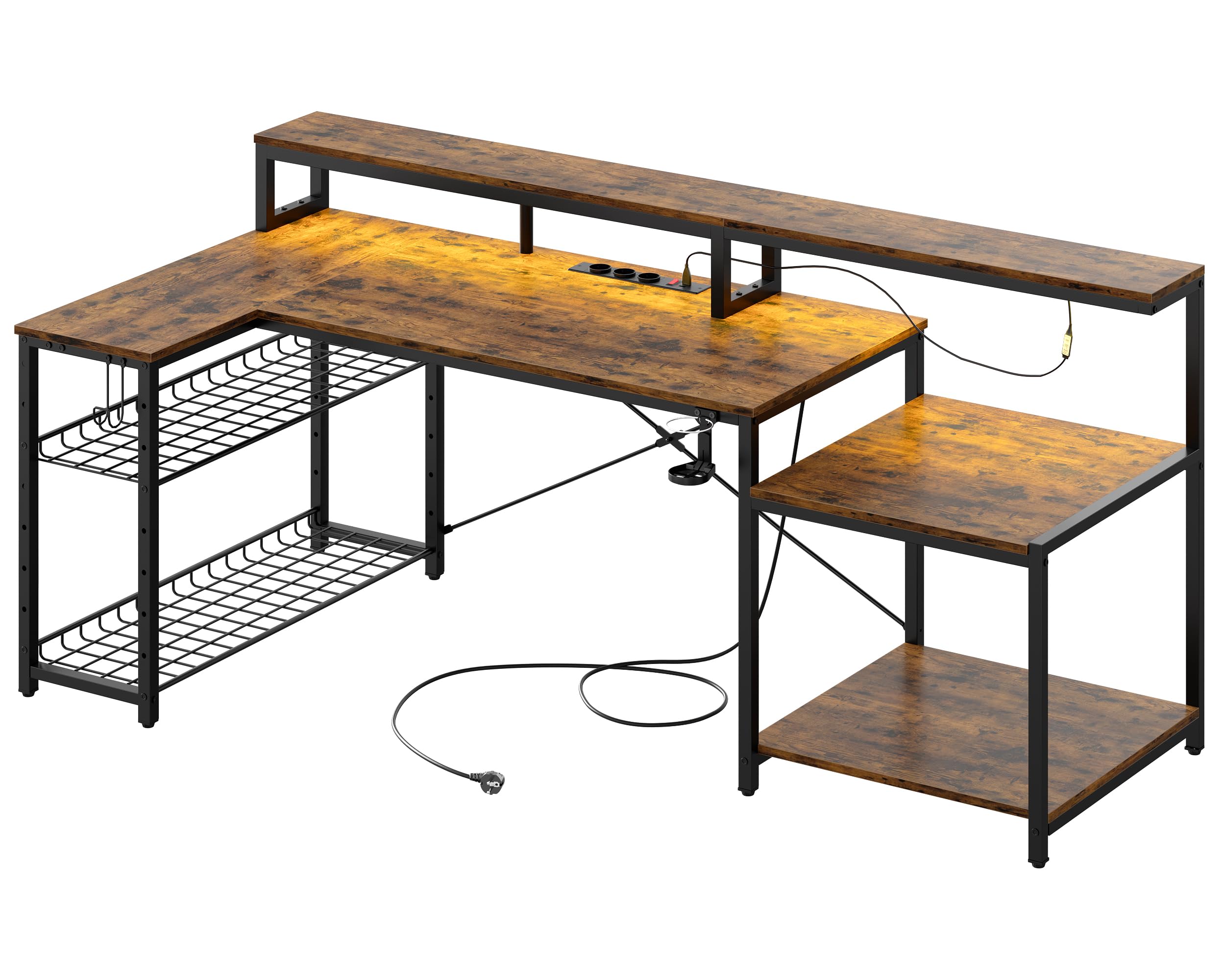 Bestier Gaming Tisch, 181x80 cm Schreibtisch mit LED-Leuchten, L-förmiger Schreibtische mit 3 AC-Steckdosen und 2 USB Ladeanschluss, Computertisch mit großzügiger Monitorablage, Kohlefaser