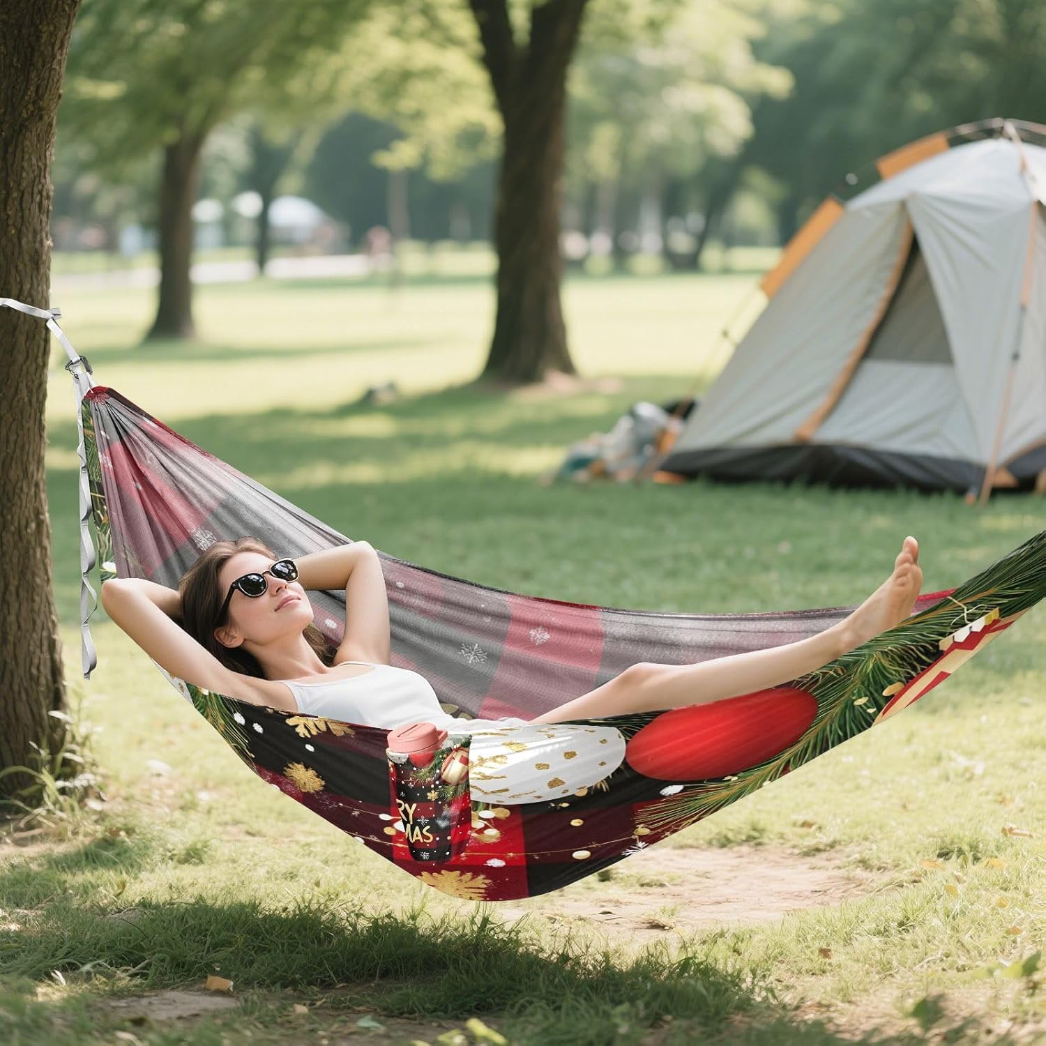 ALAZA Christmas Checked Camping Hammocks Single or 2 Person 500 lbs Portable Parachute Travel Hammock w/Tree Straps for Hiking Backpacking Indoor Outdoor