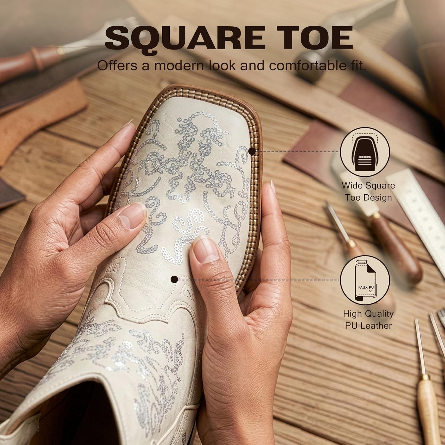 SheSole Women's Exquisite Floral Embroidery Sparkly Glitter Sequin Wide Square Toe Western Cowboy Cowgirl Boots Mid Calf Country Wedding Bridal Shoes